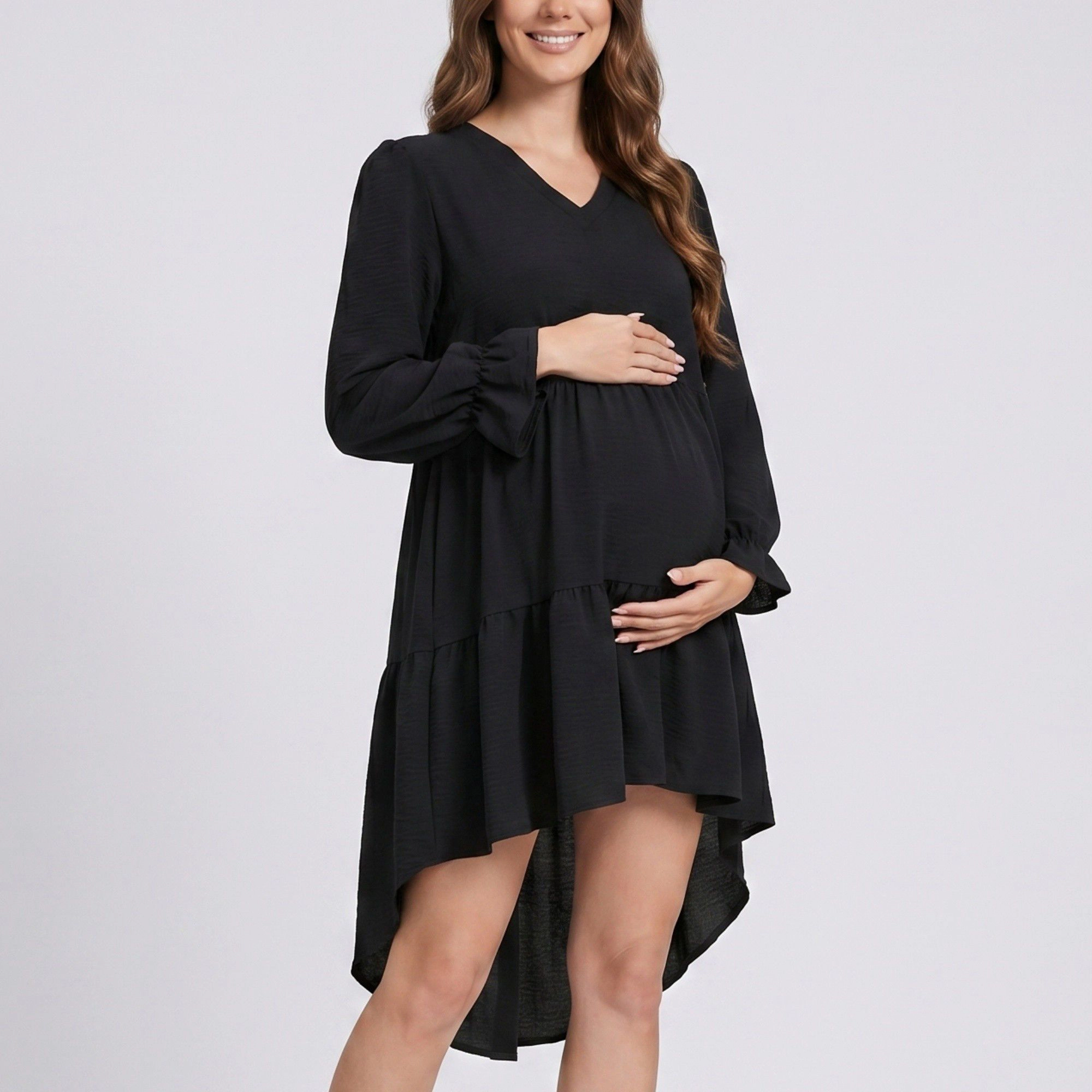 Anna-Kaci Women's Maternity V Neck High Low Long Sleeve Tiered Hem Mini Dress