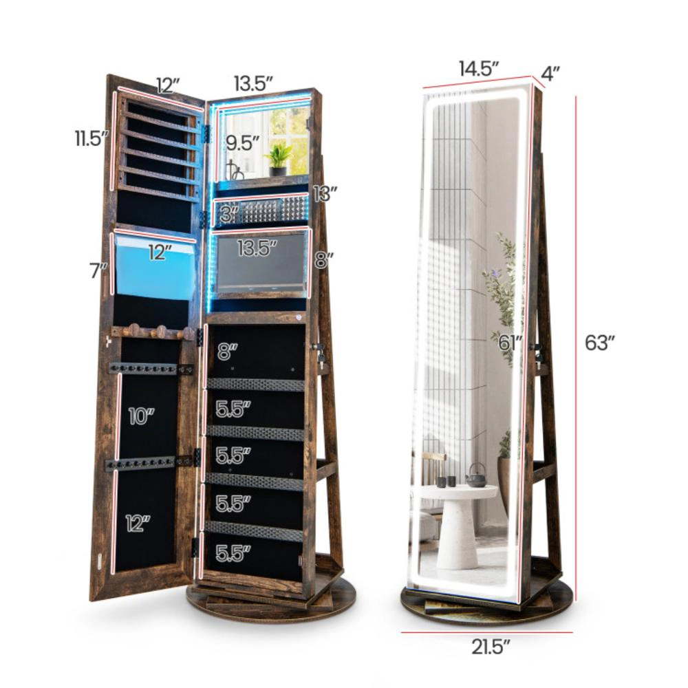 Hivvago Standing Jewelry Cabinet with Adjustable LED Lights-Coffee
