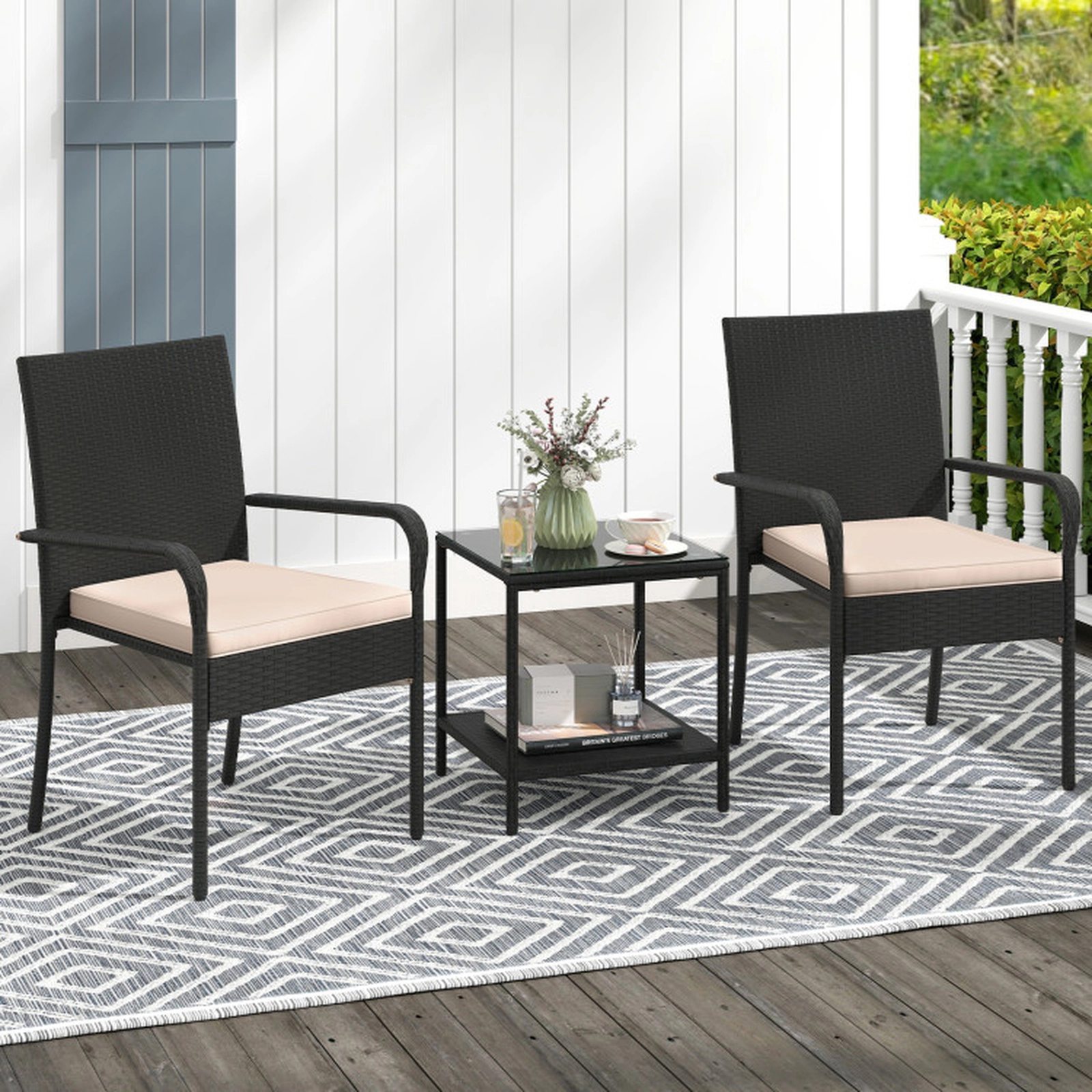 SUGIFT Seat Cushions and 2-Tier Side Table 3-Piece Patio Rattan Chair Set
