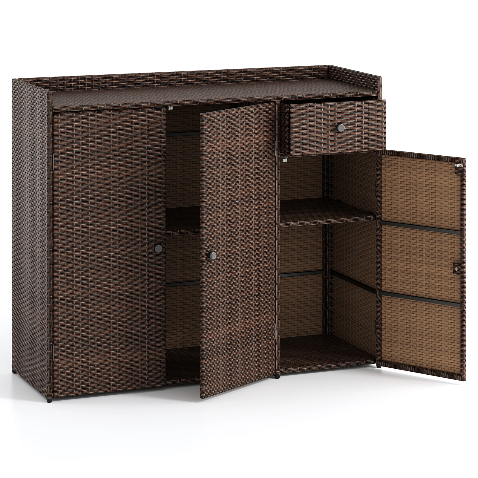 SUGIFT 3-Door Removable Shelves Drawer PE Wicker Outdoor Deck Storage Cabinet 48-in x 17-in x 40-in 110-lb Top Brown