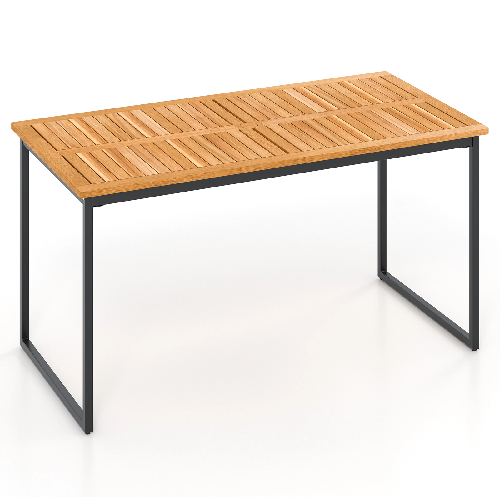 SUGIFT Acacia Wood Dining Table for 6 People with Slatted 55-in Tabletop Umbrella Hole 165-lb Capacity Natural and Black