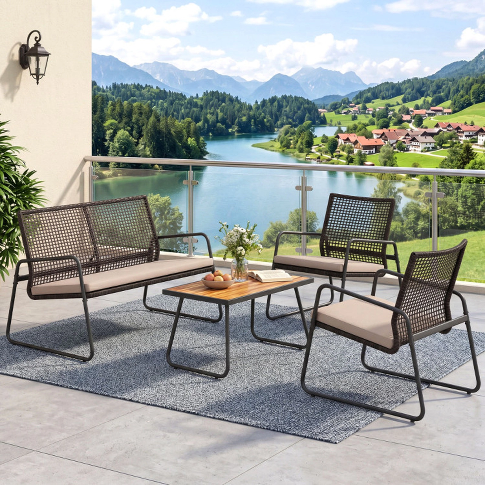 SUGIFT Brown Acacia Wood Coffee Table and Zippered Cushions 4-Piece Patio Rattan Sofa Set