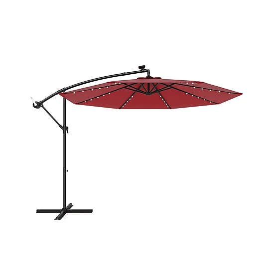 SUGIFT 10-ft Beige Solar Offset Cantilever Patio Umbrella with 40 LED Lights Crank Lift and Cross Base