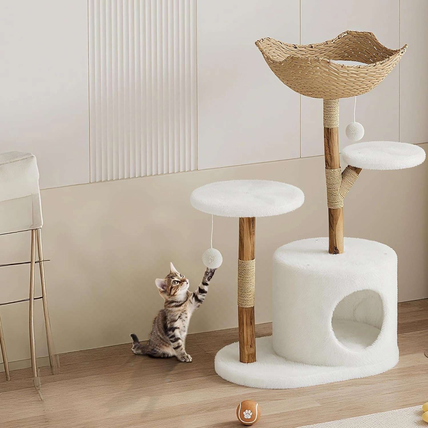 43-Inch Wood-Rattan Cat Tree Tower, Indoor Cat Condo Perch with Natural Wood Branch