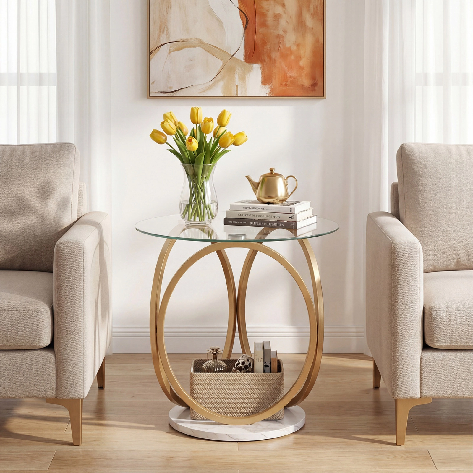 SUGIFT 24-Inch Round End Table, Tempered Glass Top, Faux Marble Base, Gold Metal Frame