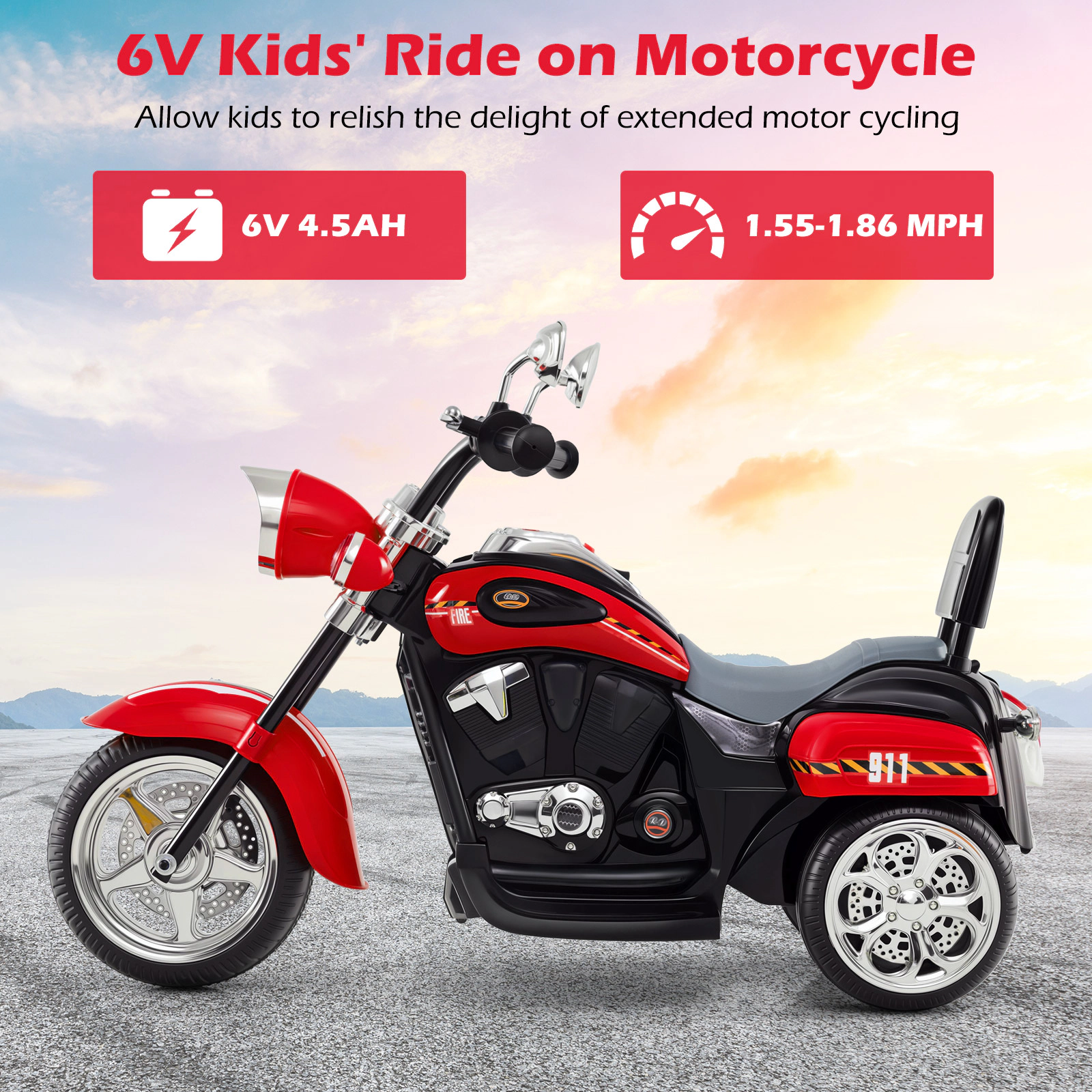 SUGIFT Horn and Headlight 6V Powered Toddler 3-Wheel Chopper Ride-On Motorbike
