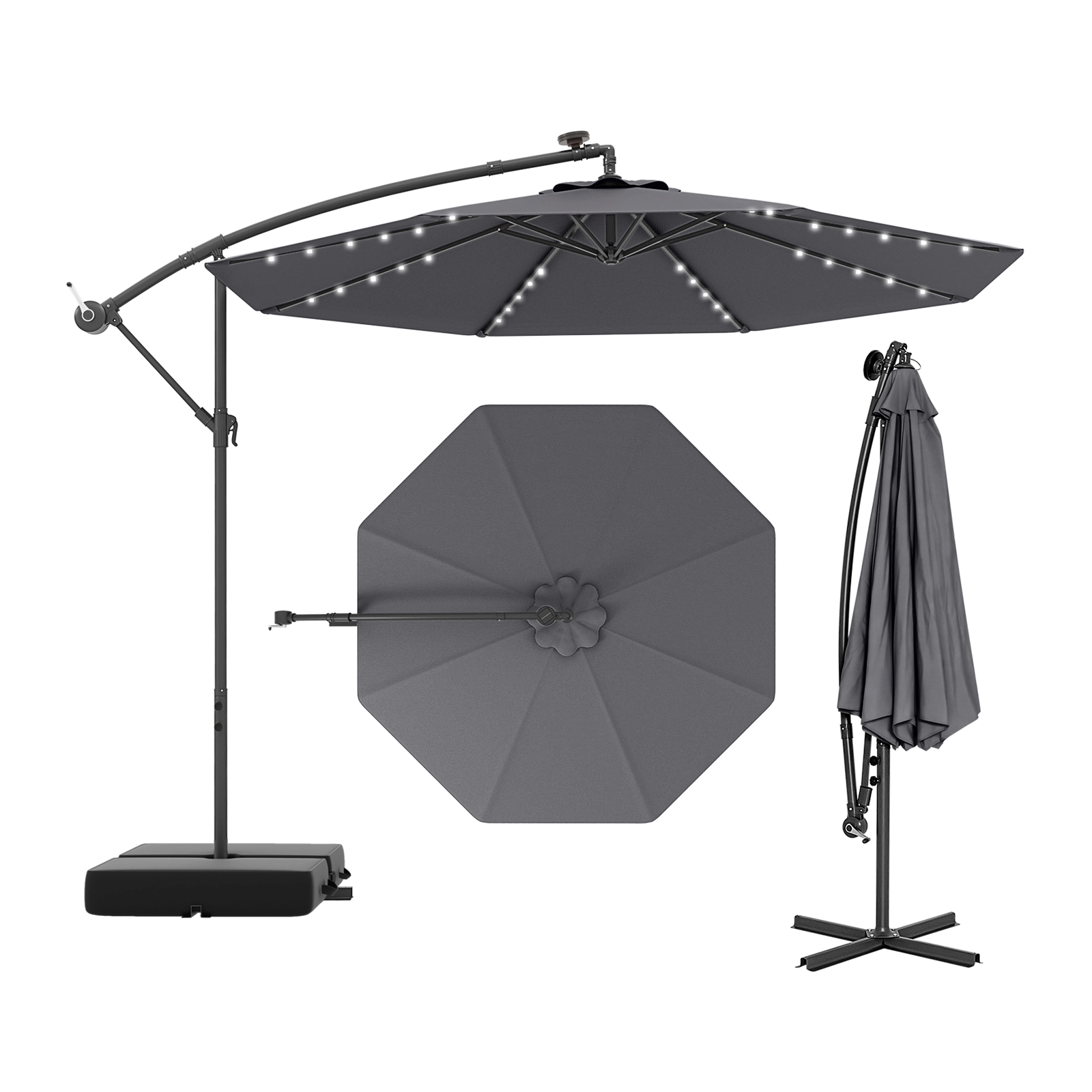 SUGIFT 10-ft Gray Offset Hanging Patio Umbrella with 40 Cool White Solar Lights and Vented Double Top