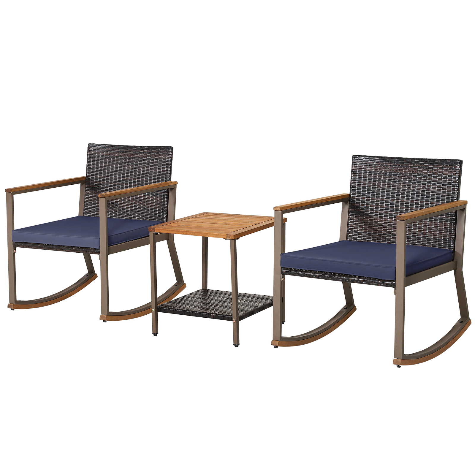 SUGIFT 3-Piece Outdoor Rattan Rocking Chair Bistro Set with 2-Tier Acacia Wood Table