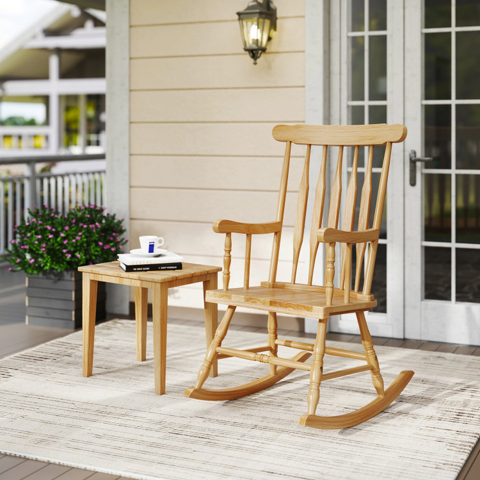 SUGIFT Contoured Slatted Back Rocking Chair 300-lb Capacity Natural