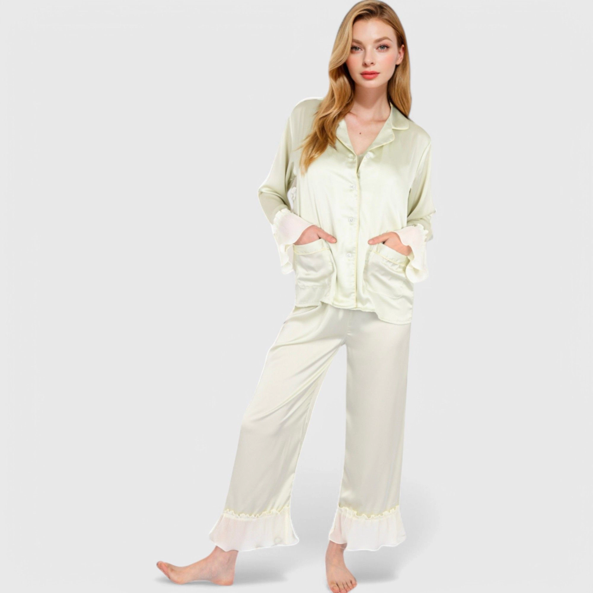 Anna-Kaci Women's Satin Pajama Set with Ruffled Cuffs and Button Up Top