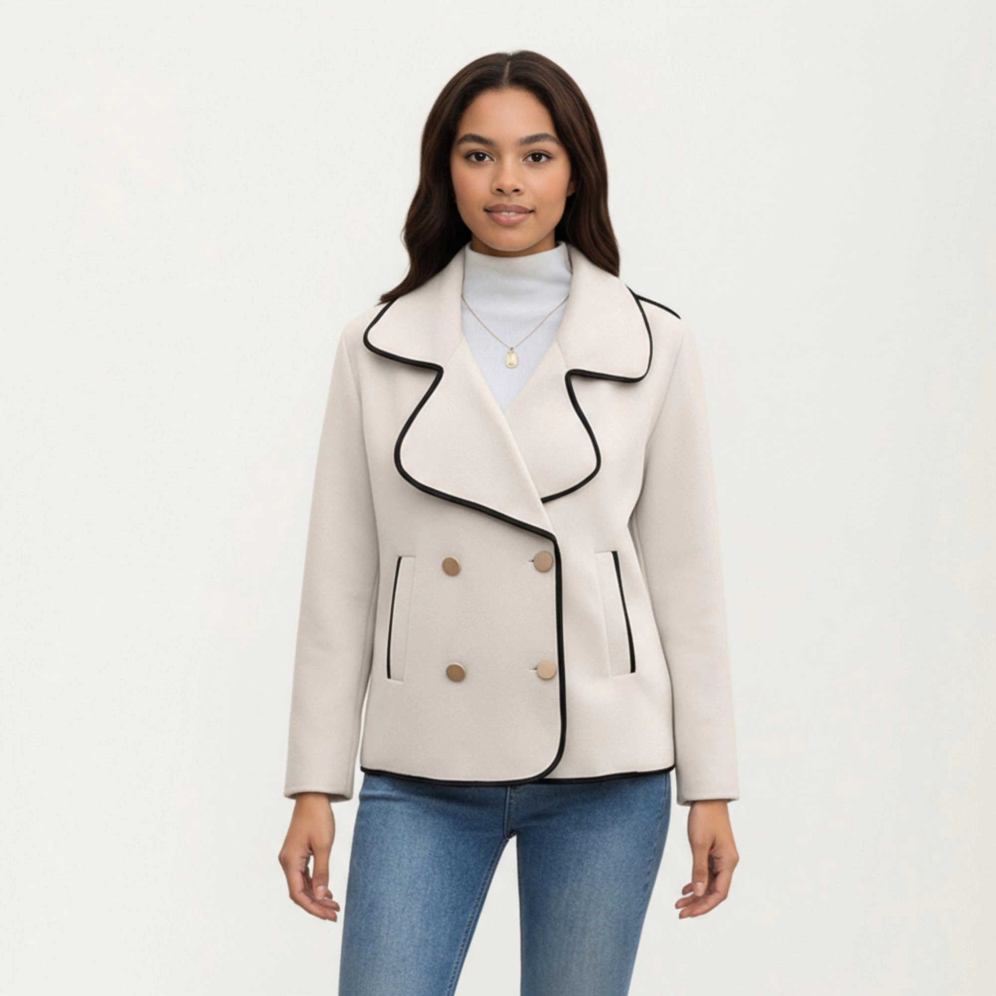Anna-Kaci Women's Double Breasted Peacoat with Contrast Trim and Wide Lapel Collar