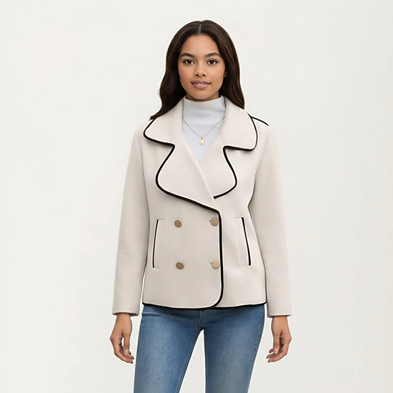 Anna-Kaci Women's Double Breasted Peacoat with Contrast Trim and Wide Lapel Collar