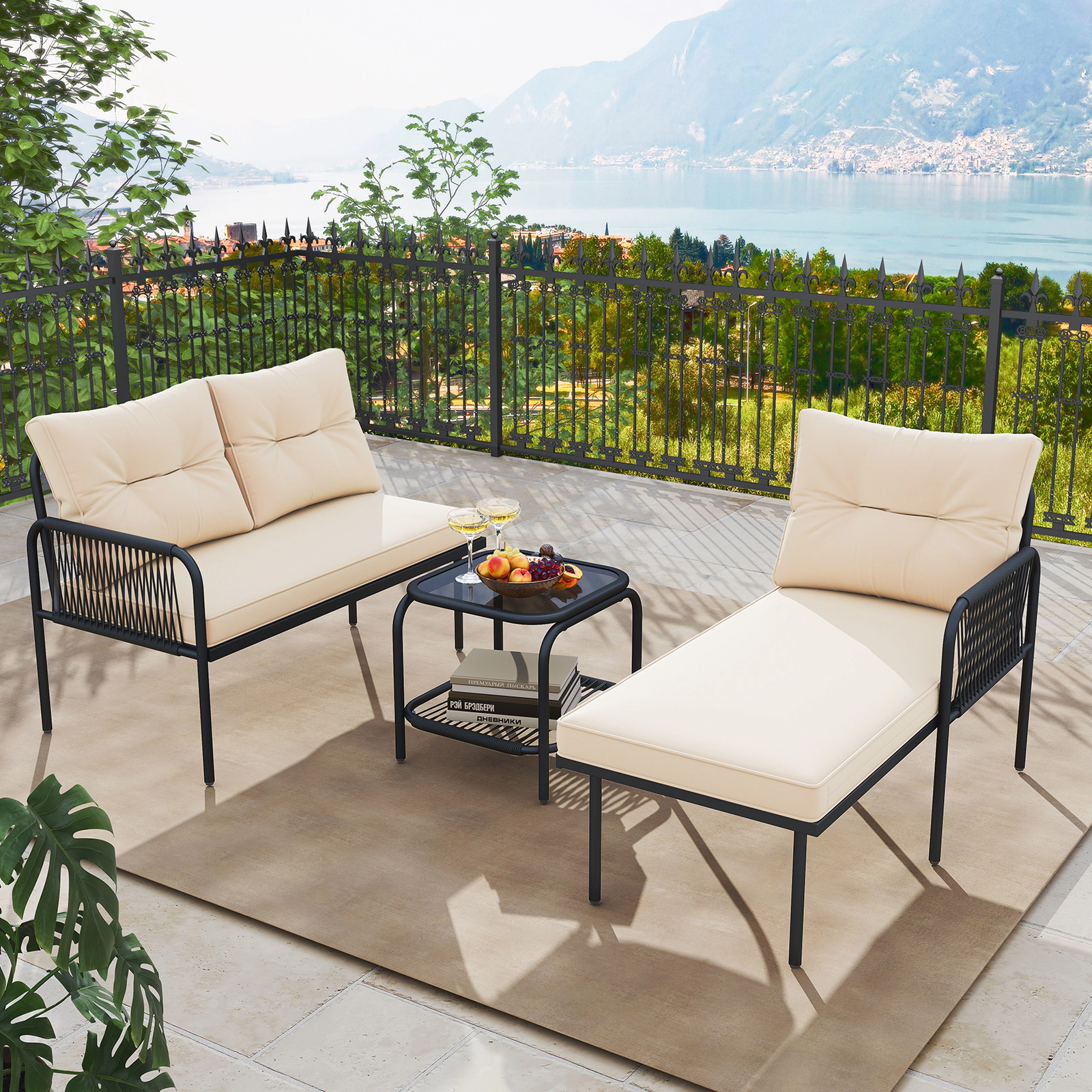 LJG 3-Piece L Shaped Patio Furniture Set PE Rattan Sectional Sofas