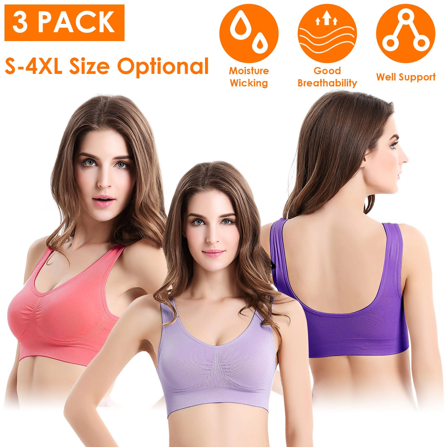 GBruno Seamless Wire-Free Sports Bra 3-Pack
