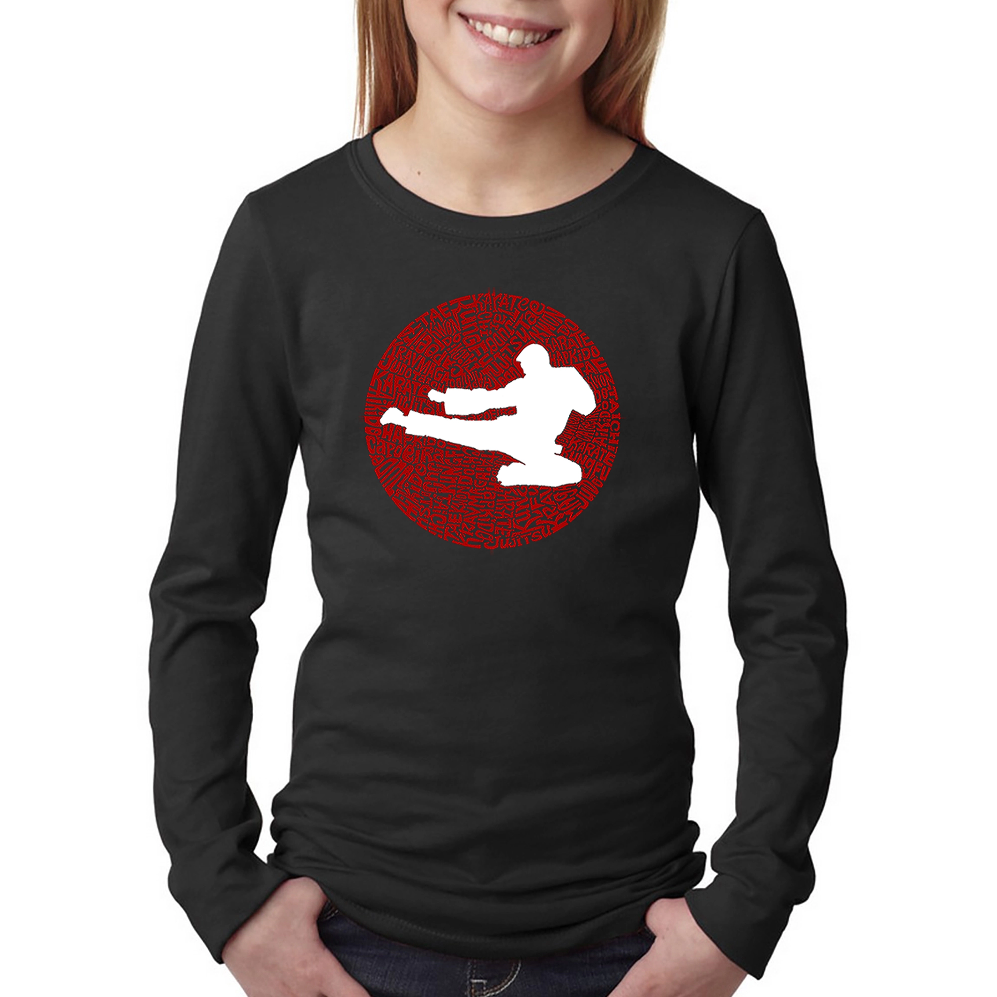 LA Pop Art Girls Long Sleeve Word T-Shirt - Types of Martial Arts