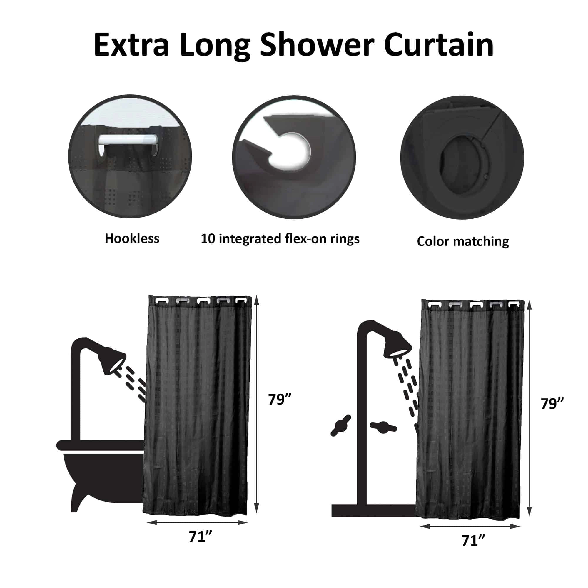 Evideco French Home Goods  Textured Polyester Shower Curtain Panel with Integrated Clip-On Rings
