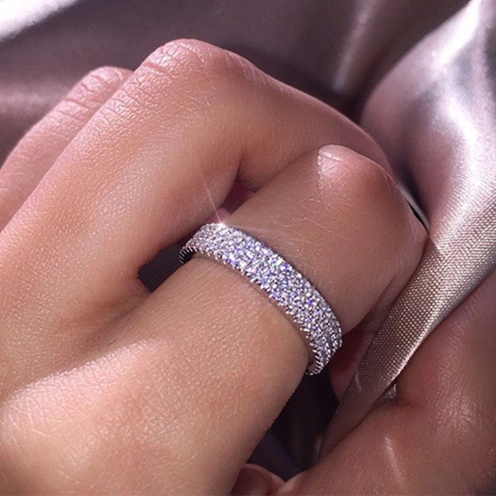 Wardrobe Whimsy Womens Three‑Row Pave Cubic Zirconia Eternity Silver Tone Stackable Wedding Band Ring