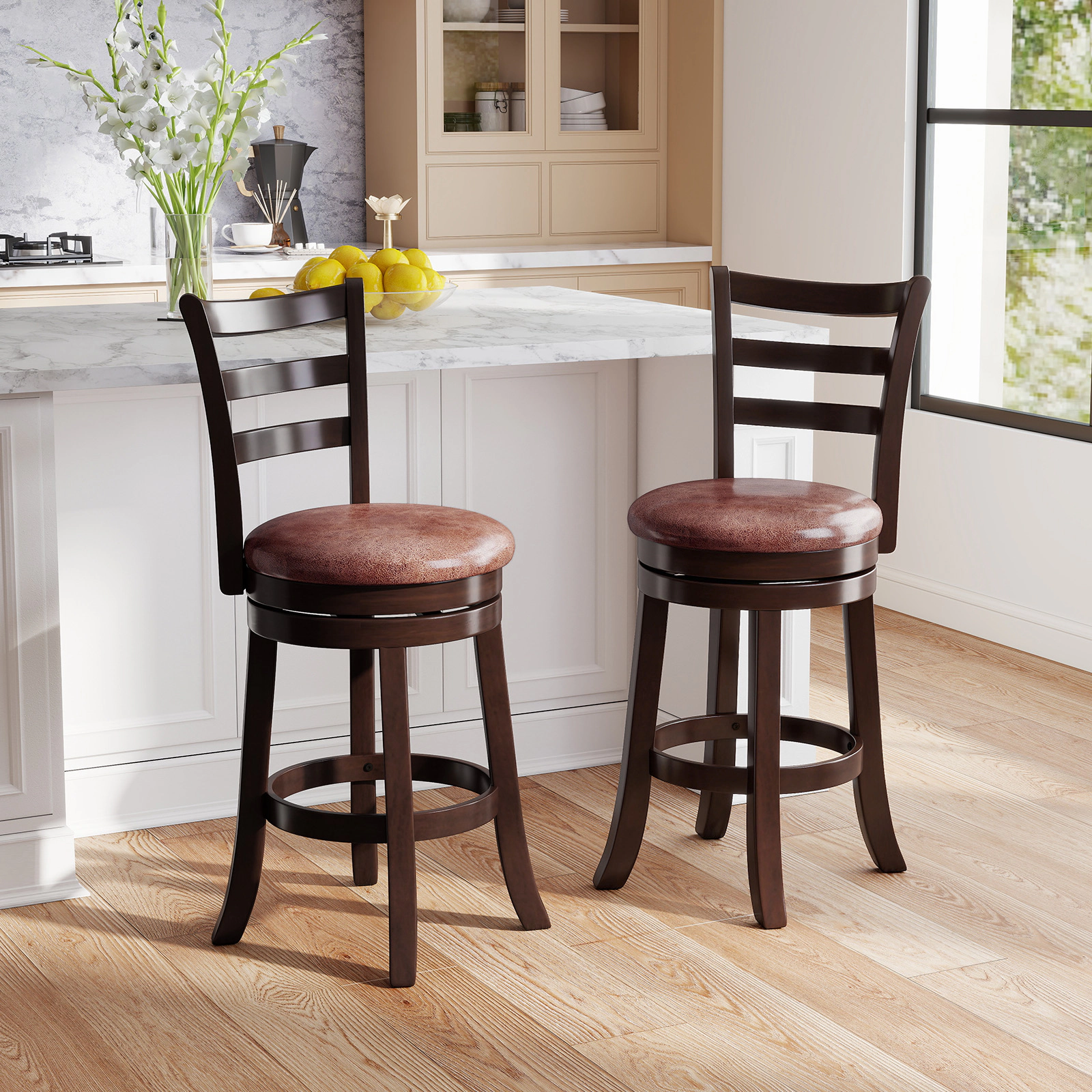 LJG Counter Height Swivel Barstools Set of 2 with Faux Leather Seat and Wrap-Around Footrest-29