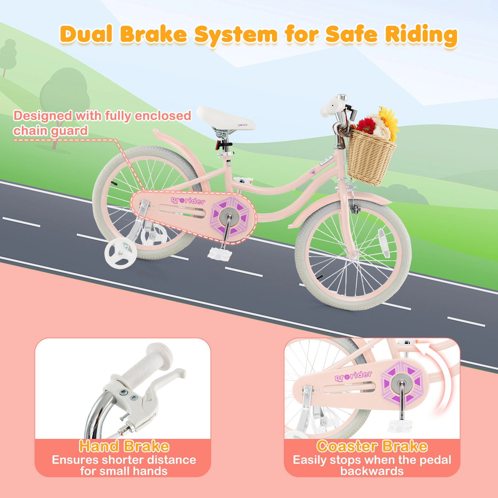 18-in Kids Bike for Girls Training Wheels Front Basket Saddle Adjustable to 29-in Carbon Steel Bicycle Ages 4-8 Pink