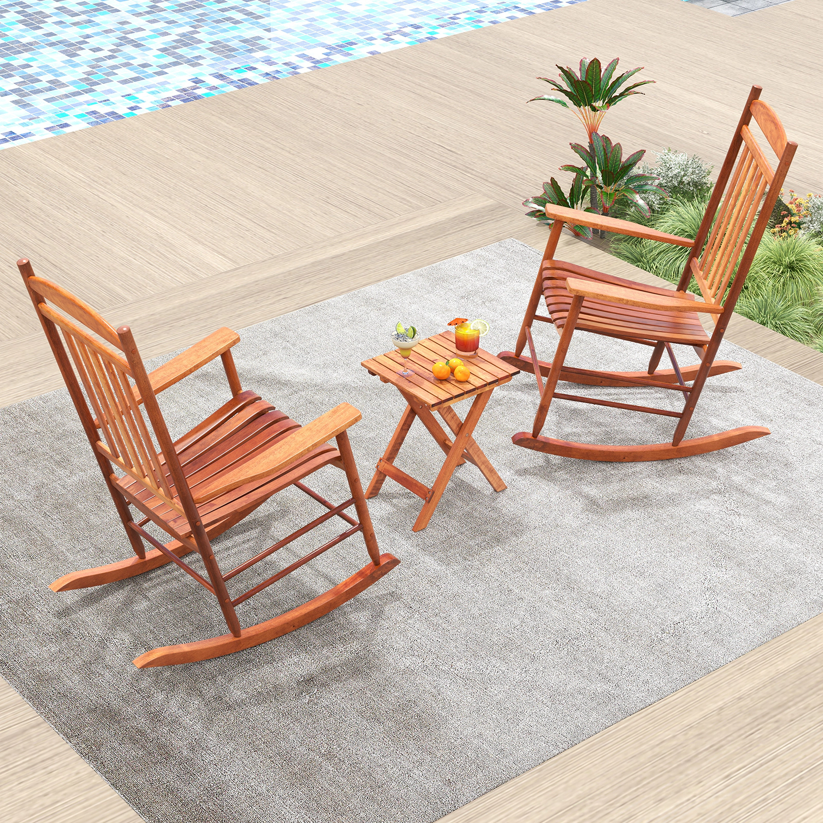 SUGIFT 3-Piece Poplar Wood Rocking Conversation Bistro Set with Folding Side Table 400-Lb Rocker Capacity Natural