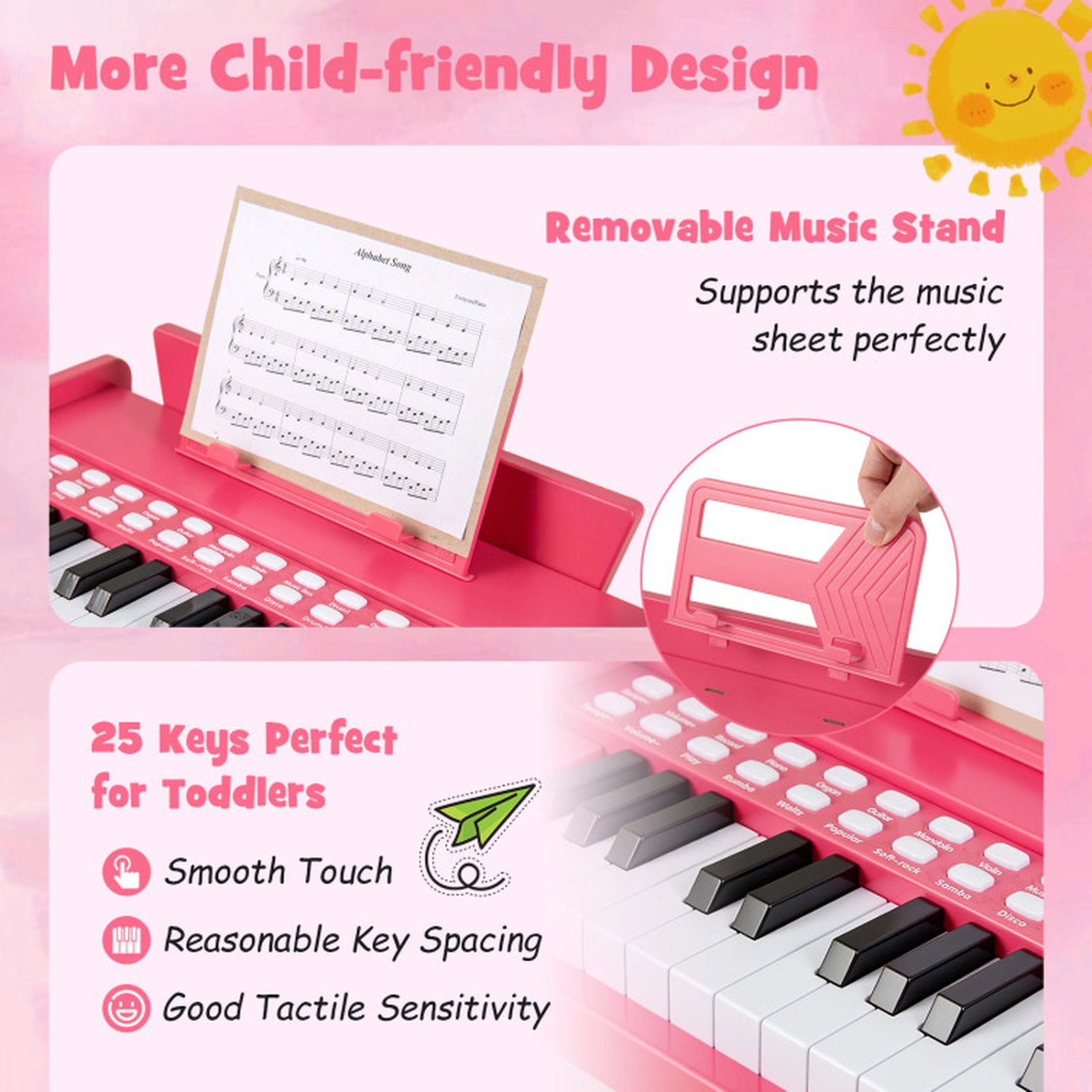 SUGIFT Kids Pink 25-Key Toy Piano Keyboard with Removable Music Stand 15-in W 9-in D 10.5-in H Ages 3+
