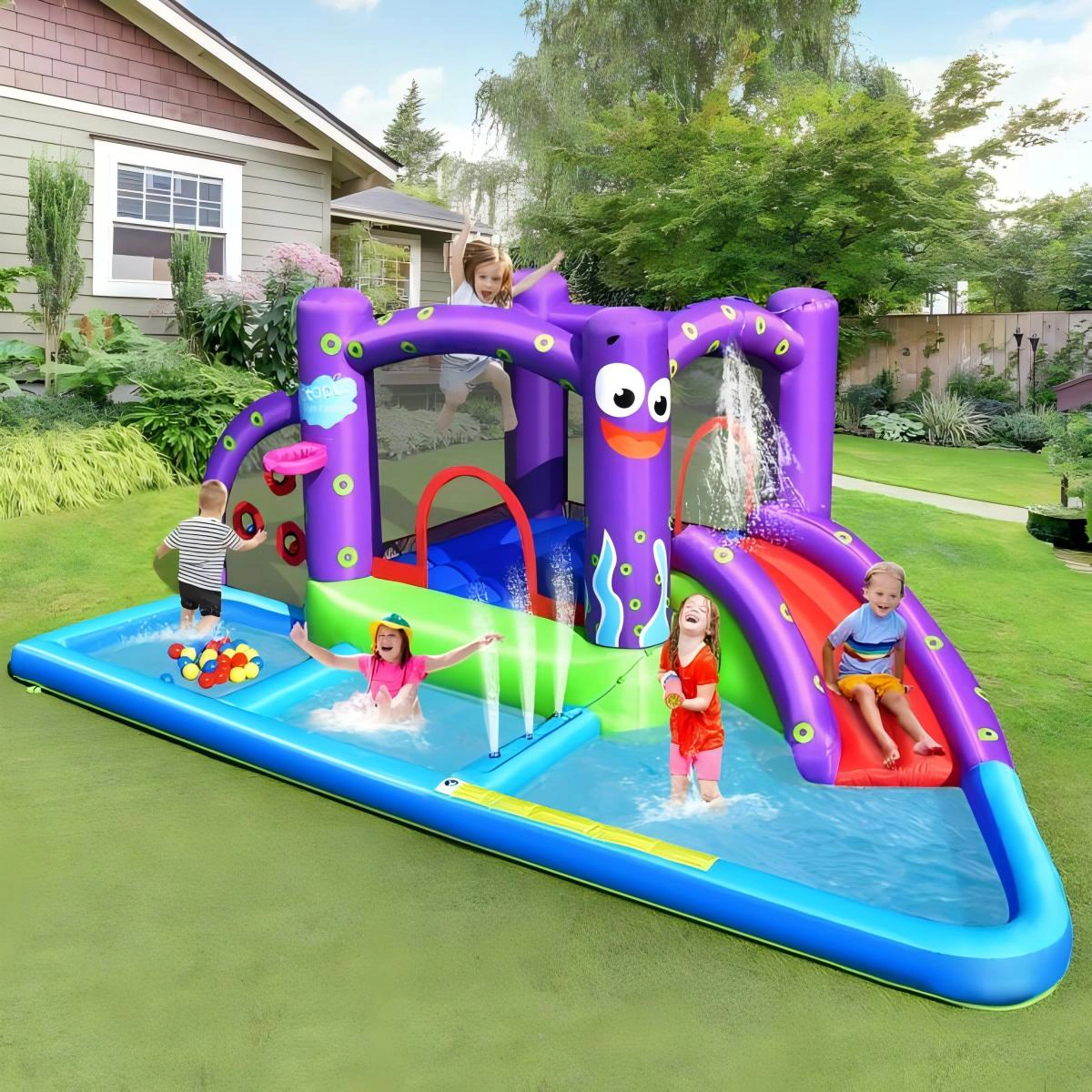 SUGIFT Octopus Inflatable Water Slide Bounce Castle with Ball Pit Splash Pool and Basketball Rim