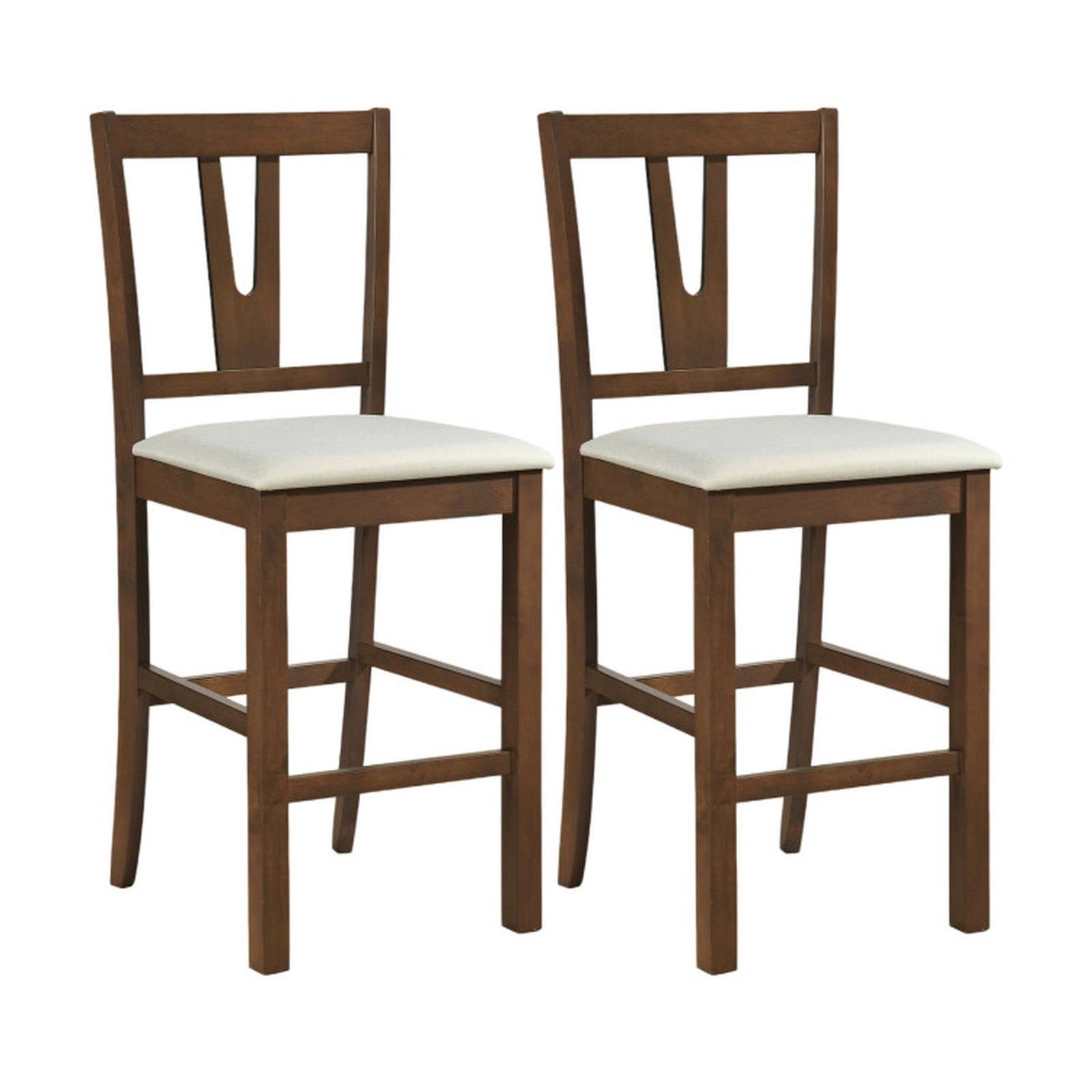 SUGIFT Walnut and Cream Contoured V-Back and Upholstered Seat Set of 2 Counter Height Bar Stool