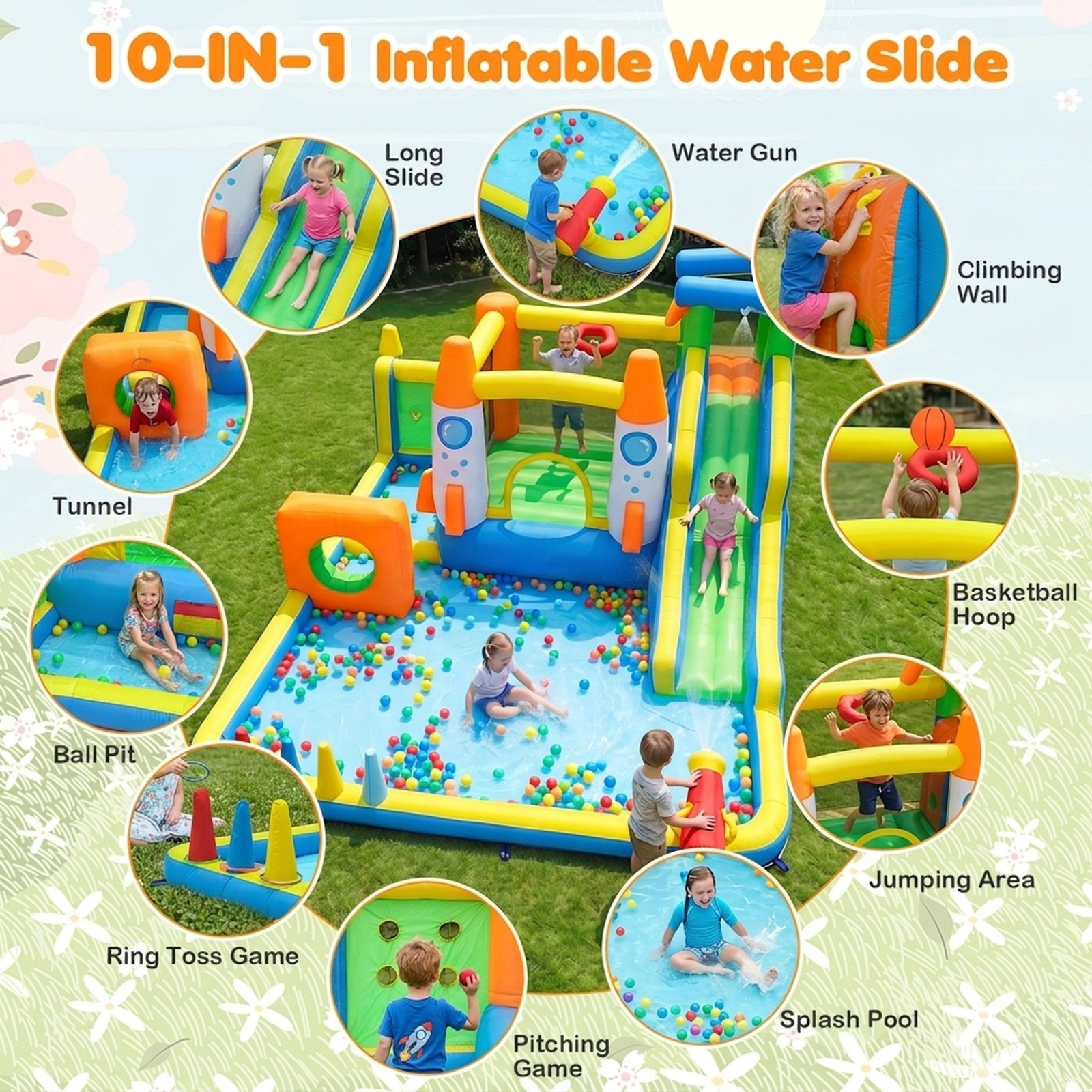 10-in-1 Inflatable Bounce House with Water Slide Splash Pool Climbing Wall Ball Pit Tunnel and 680W Blower