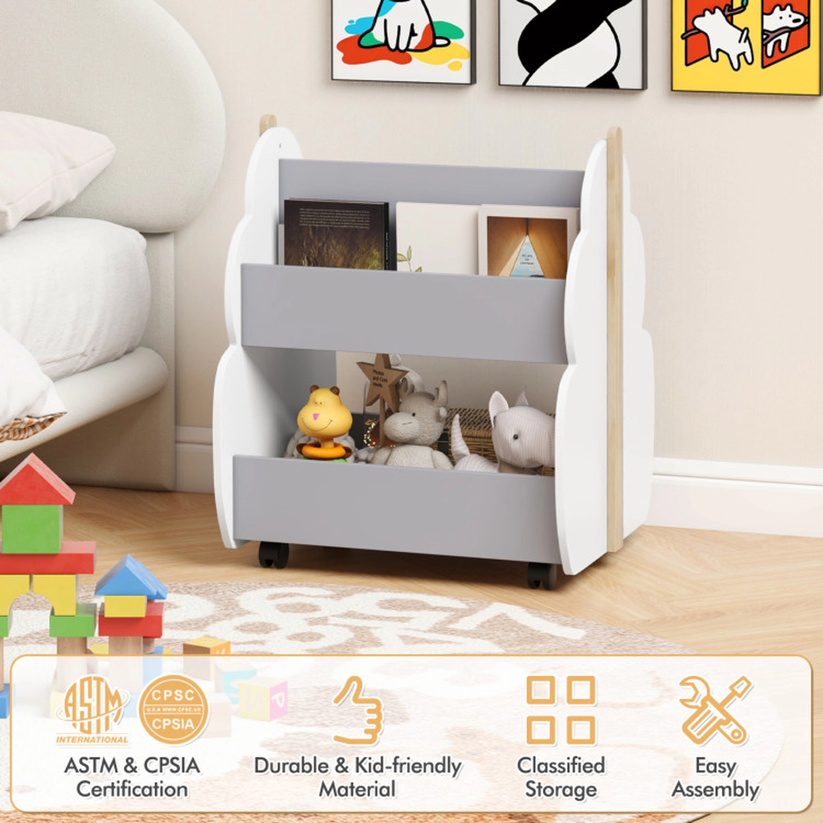 SUGIFT Tree-Shape Kids Wooden Toy Organizer Bookshelf with Wheels 11-lb Upper and 44-lb Lower Shelves White/Gray