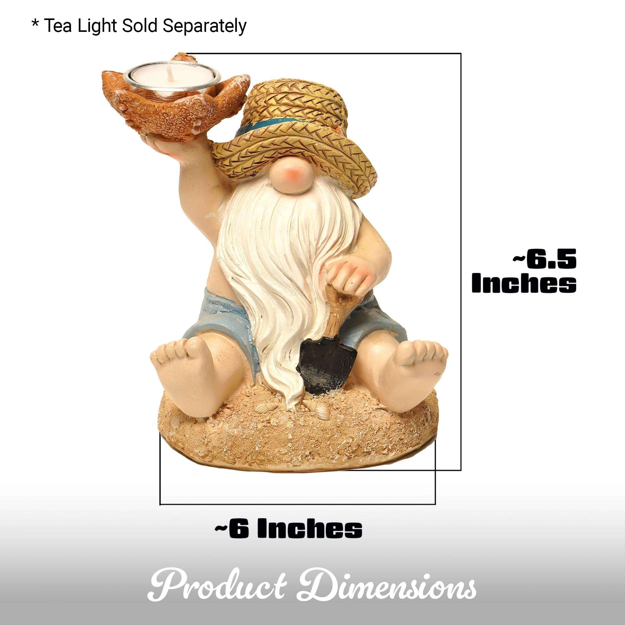 G128 Beach Gnome Figurine, 7-Inch Coastal Gnome with Starfish Candlestick & Shovel