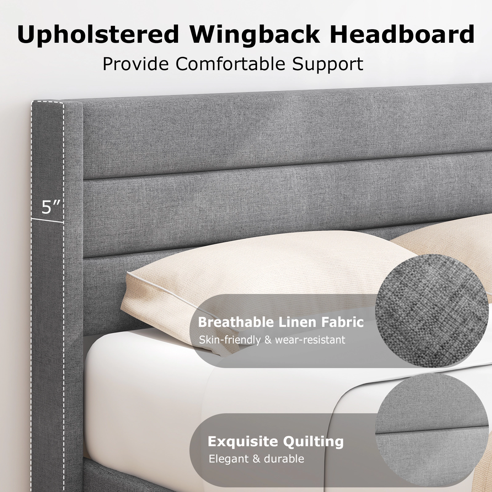 Queen Size Linen Upholstered Platform Bed Frame with Quilted Wingback Headboard 10 Ventilated Plywood Slats Grey
