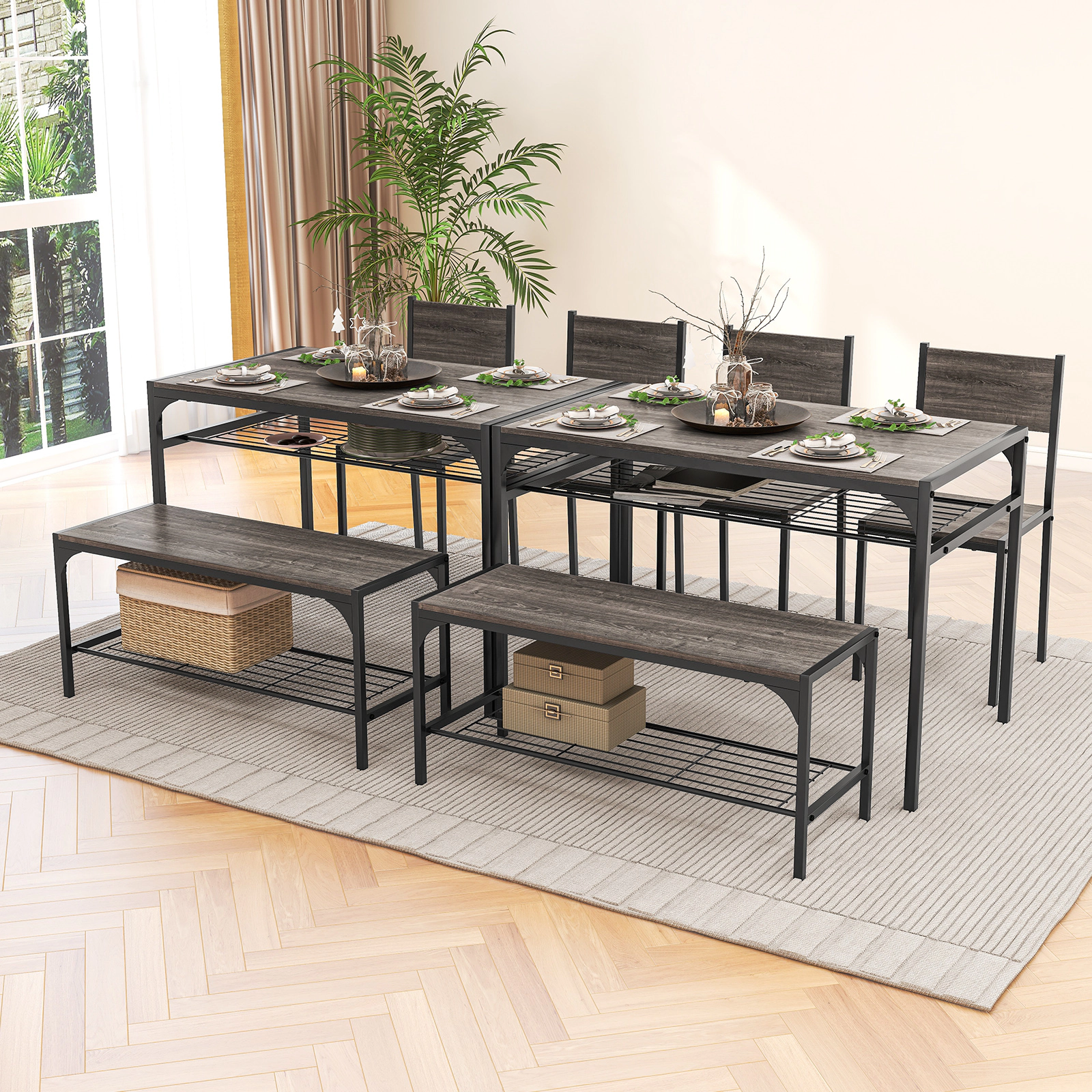 SUGIFT 4-Piece Gray Metal Dining Set, 43-Inch Rectangular Table, Bench, 2 Chairs, Storage Shelves
