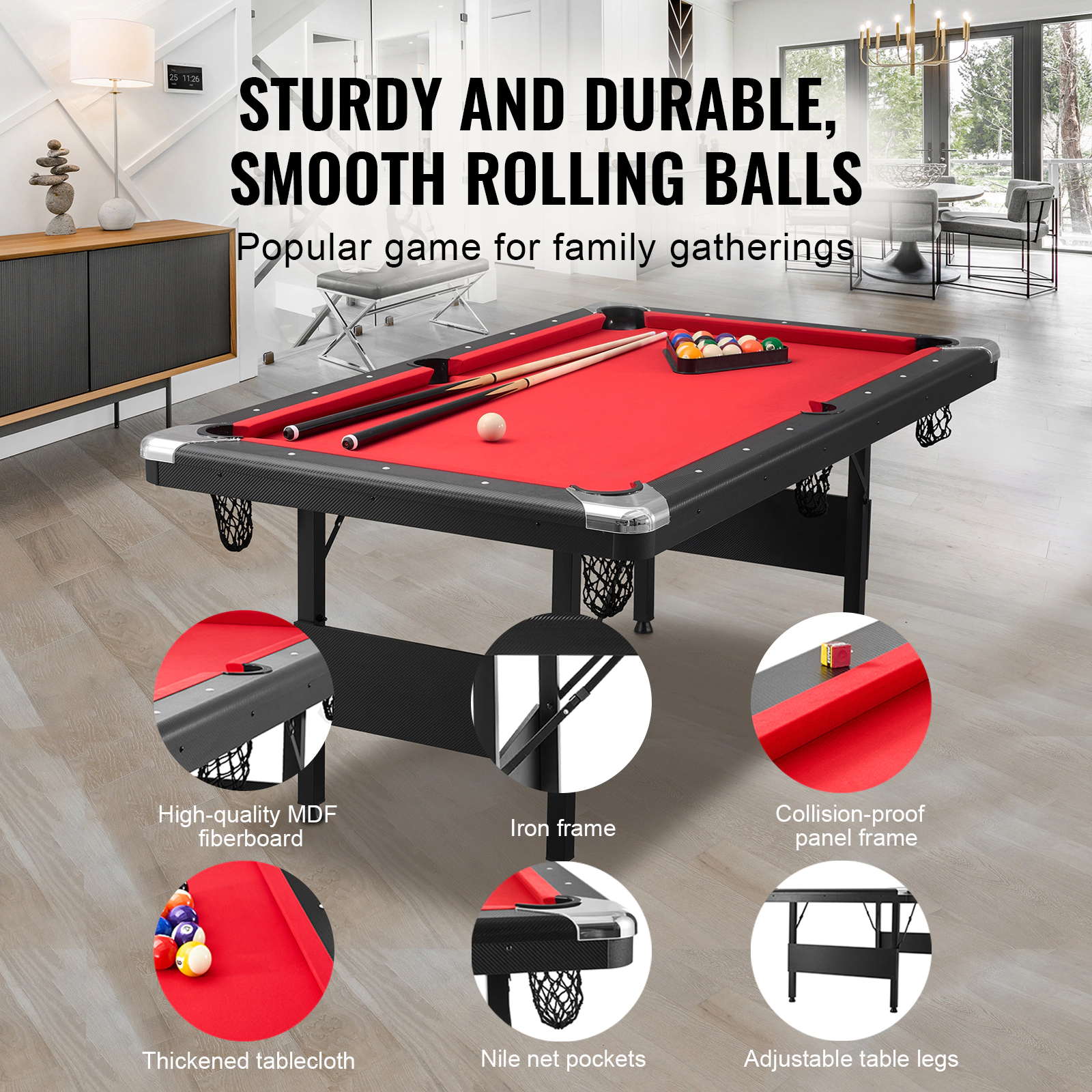 HONGGE Pool Table Portable Billiards Foldable Space-Saving Game Set Includes Brush with Cloth for Family Room
