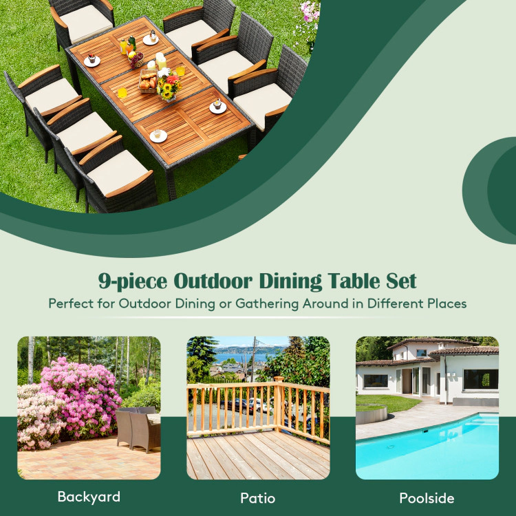 Hivvago 9 Pieces Rattan Patio Dining Set With Acacia Wood Table And Cushioned Chair