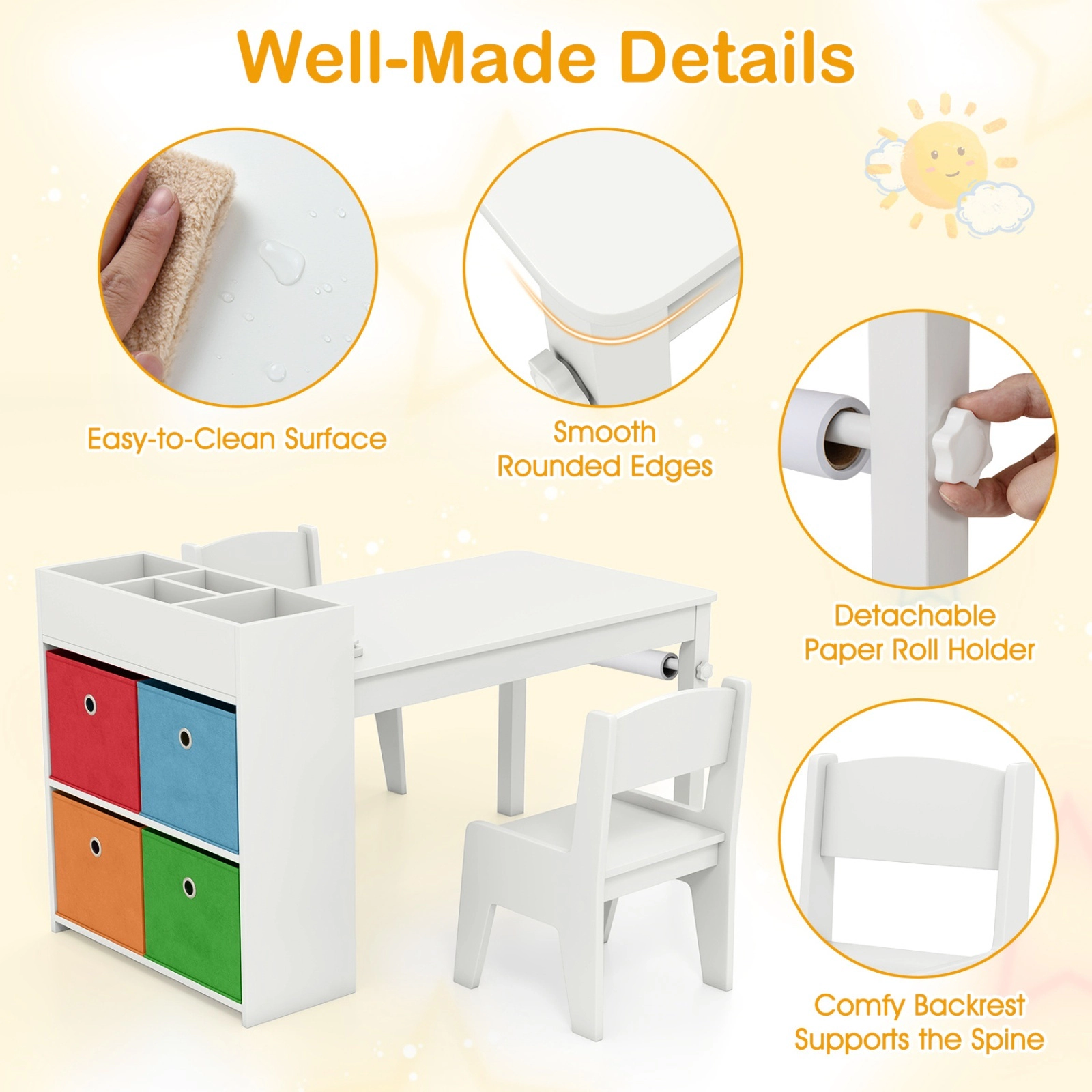 SUGIFT Kids Craft Table and 2 Chairs, White Activity Desk with Paper Roll Rack