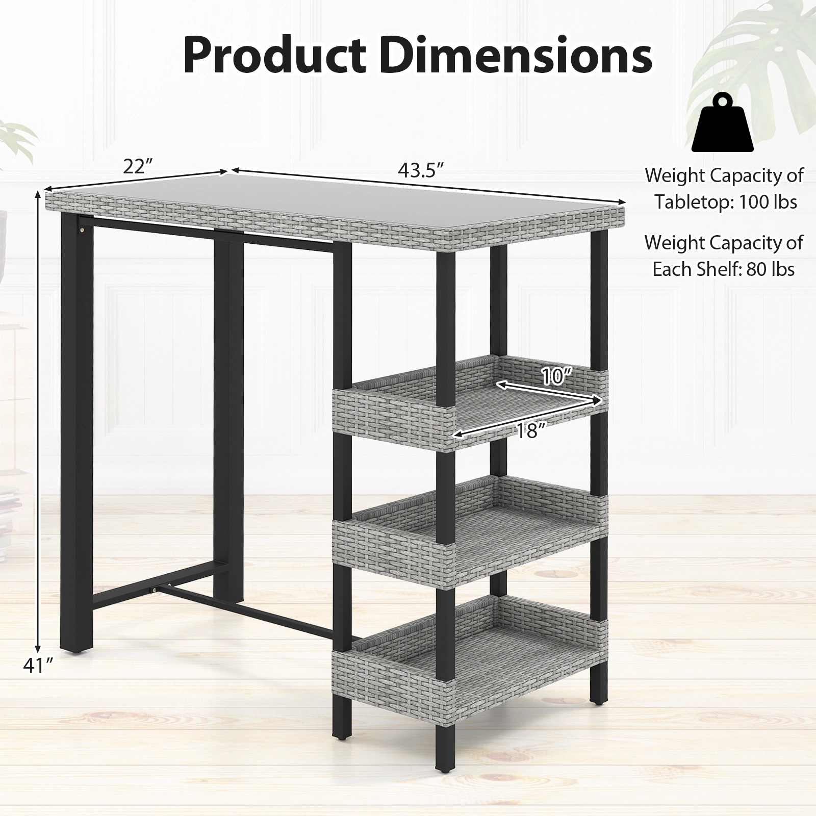SUGIFT 43.5-in Mix Gray Rattan Bar-Height Outdoor Patio Table with Tempered Glass Top and 3 Shelves