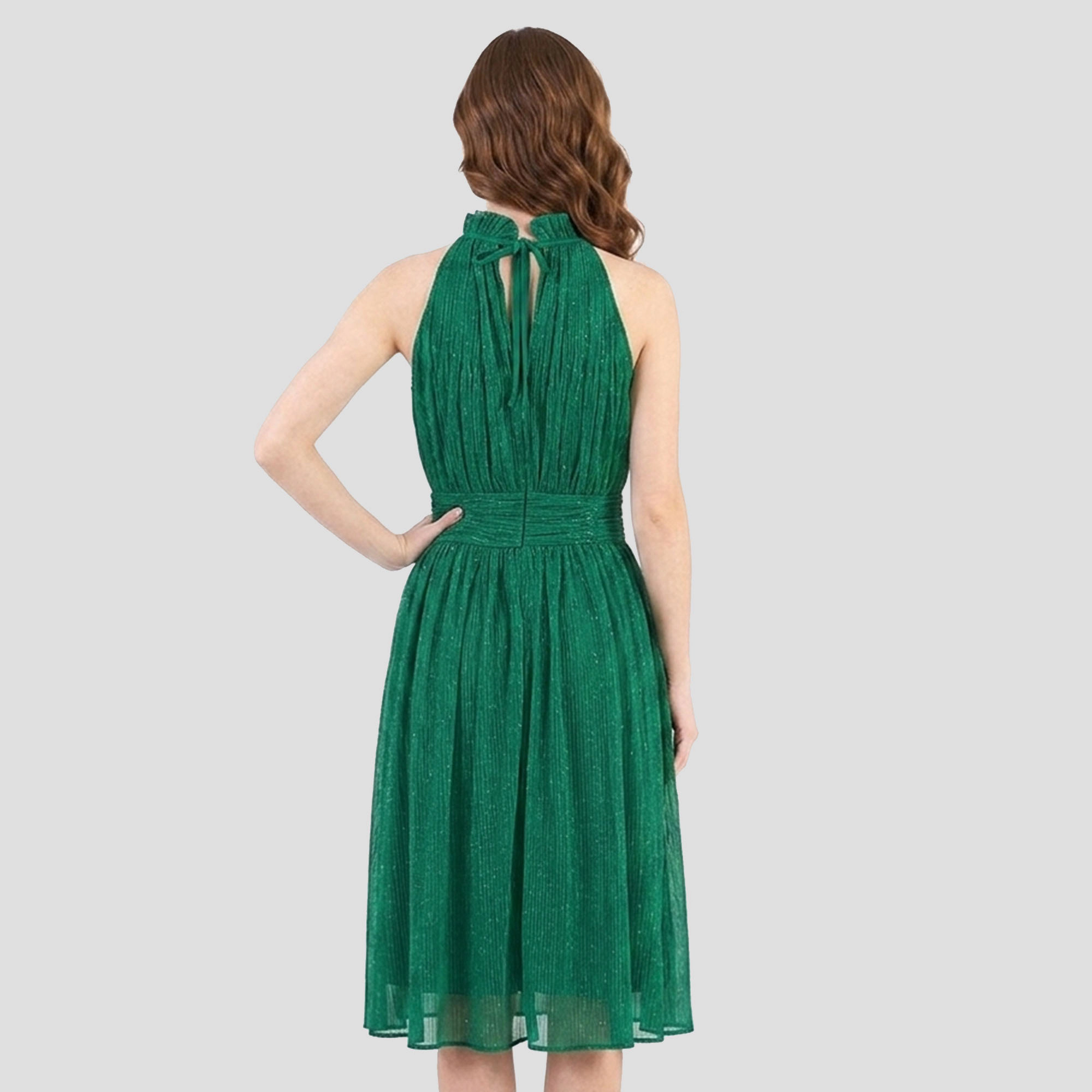 Artyska Women's Shimmer Halter Neck Sleeveless Pleated Bodice  Midi Dress
