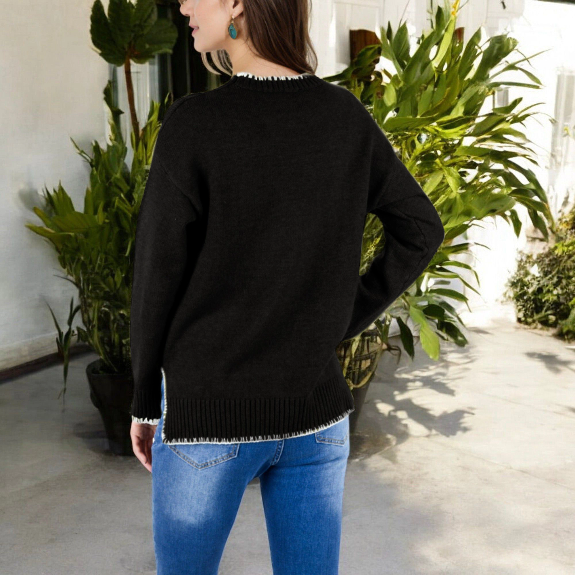 Anna-Kaci Women's Crew Neck Knit Sweater with Contrast Trim and Ribbed Hem