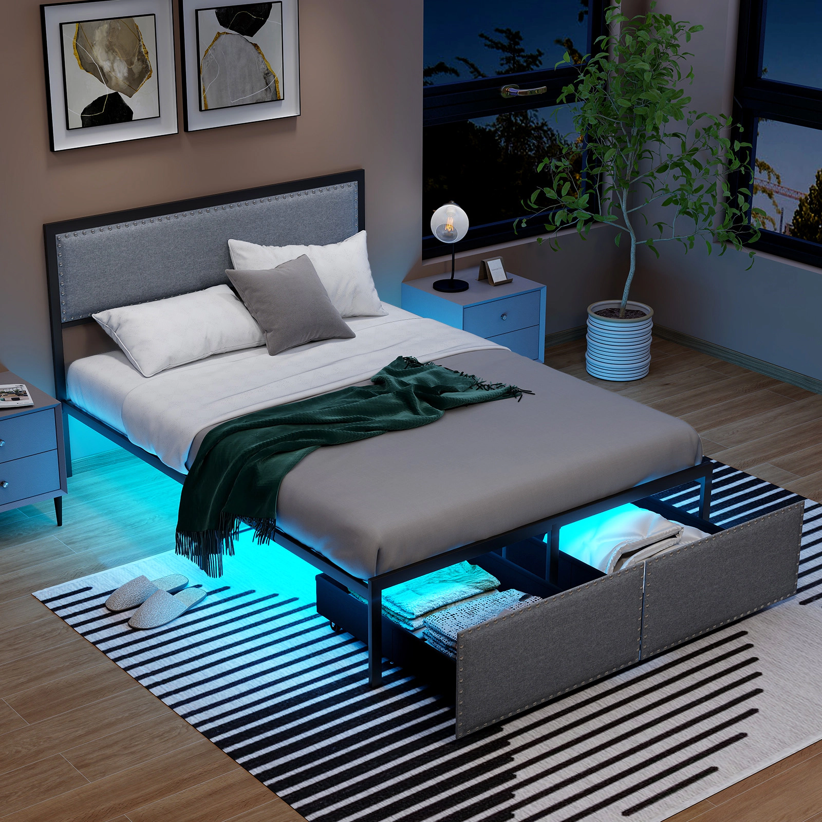 SUGIFT Full Bed Frame with LED Lights, Storage Drawer and Gray Linen Headboard