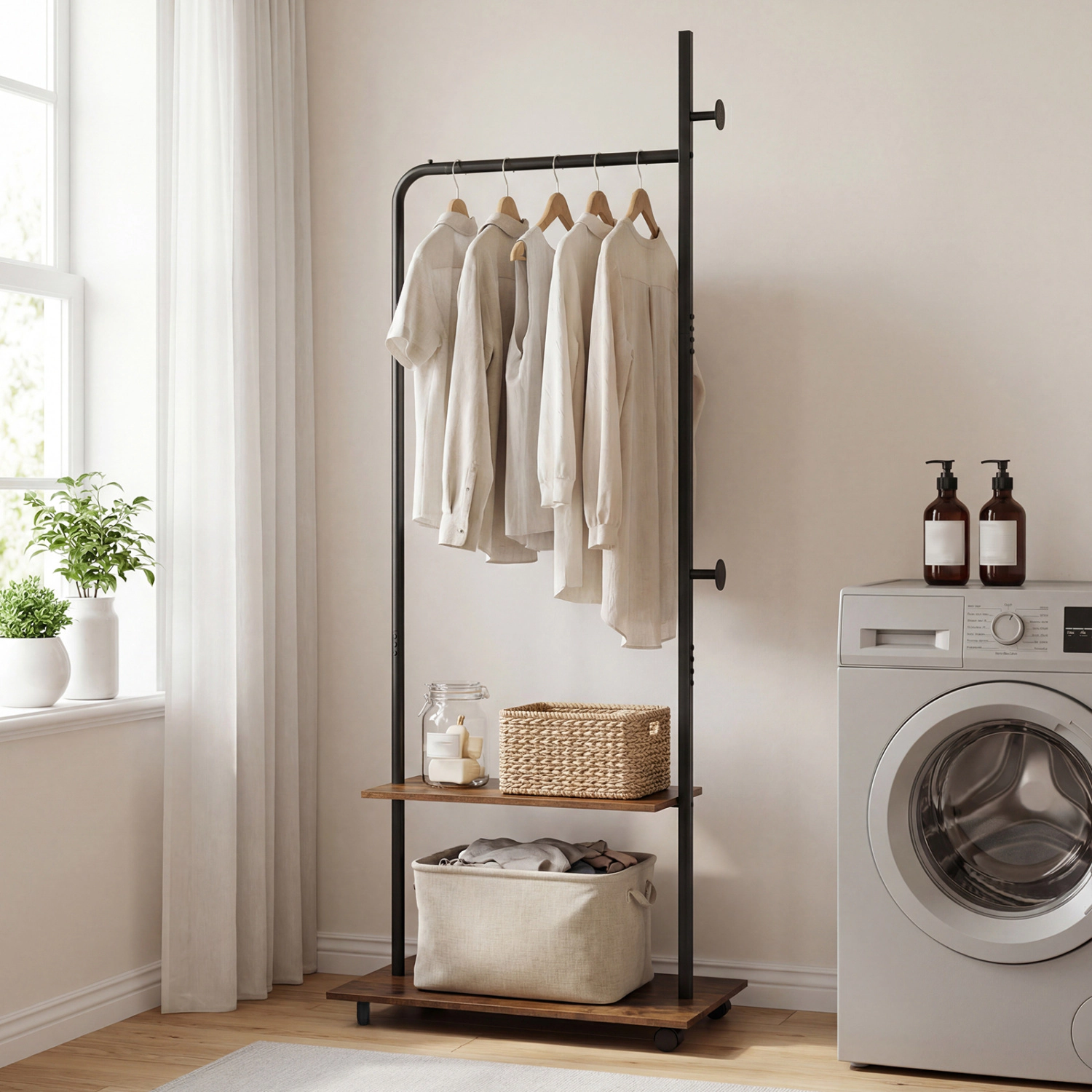 SUGIFT Clothing Rack with Hanging Rod, Side Hooks and Storage Shelves 120-lb Capacity with Wheels Rustic Brown+