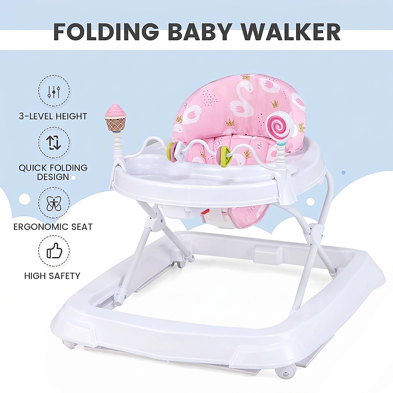 SUGIFT Foldable Baby Activity Walker Pink with Detachable Seat Cushion and Anti-Collision Frame