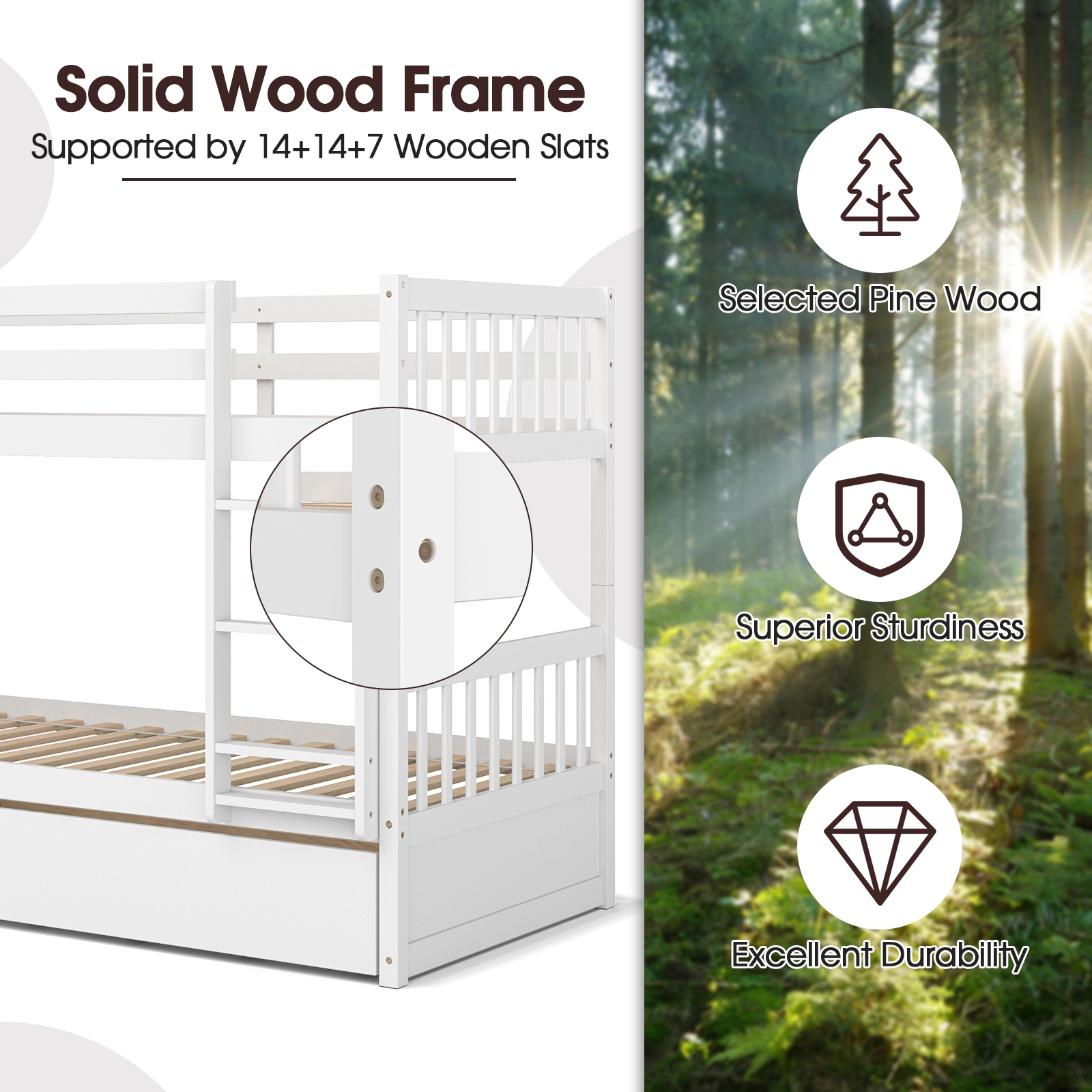 SUGIFT Twin-over-Twin Bunk Bed with Pull-Out Trundle, Ladder and Guardrails, White