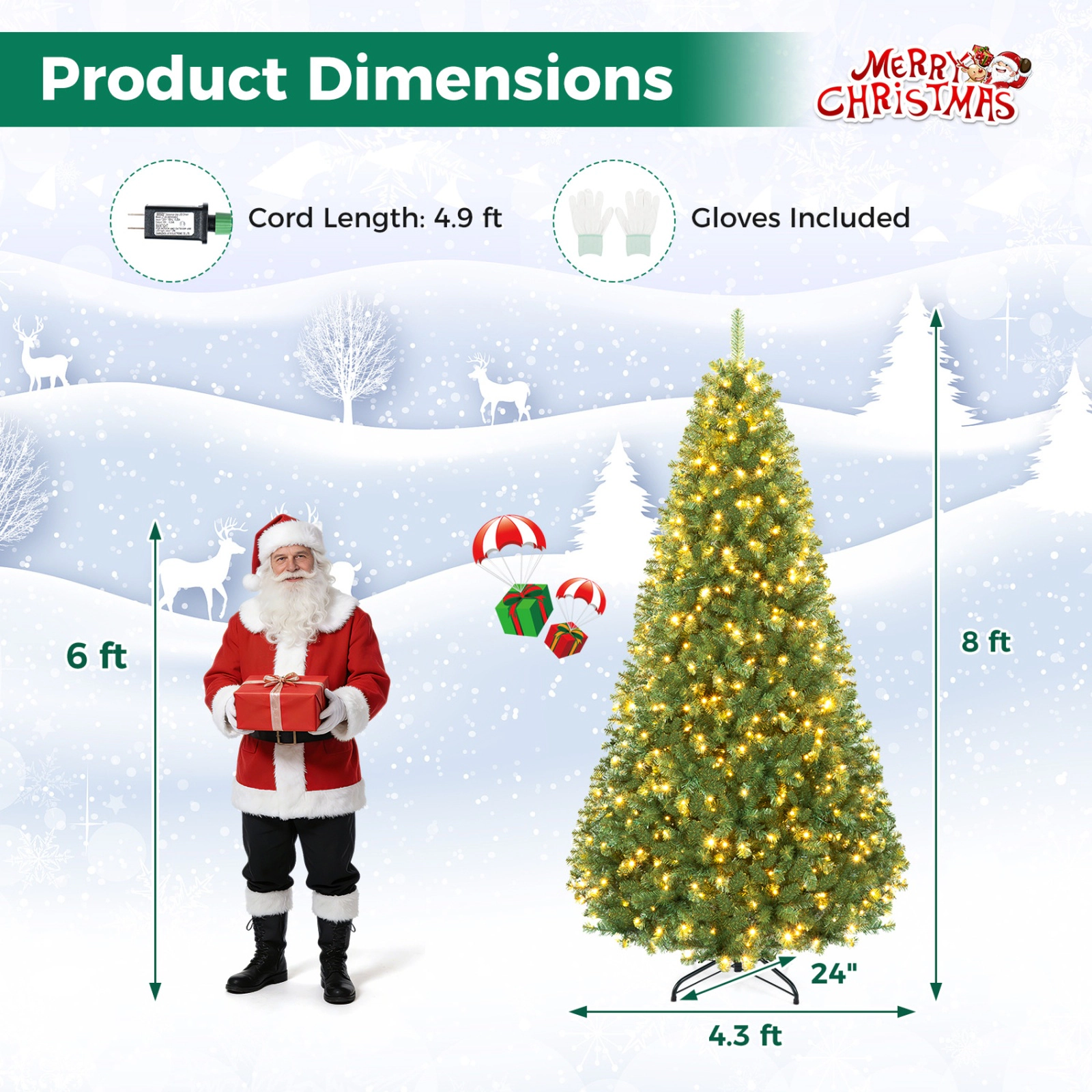 SUGIFT 8-ft Green Pre-Lit Artificial Christmas Tree with 600 LED Lights 4 Brightness Levels and 1605 Tips