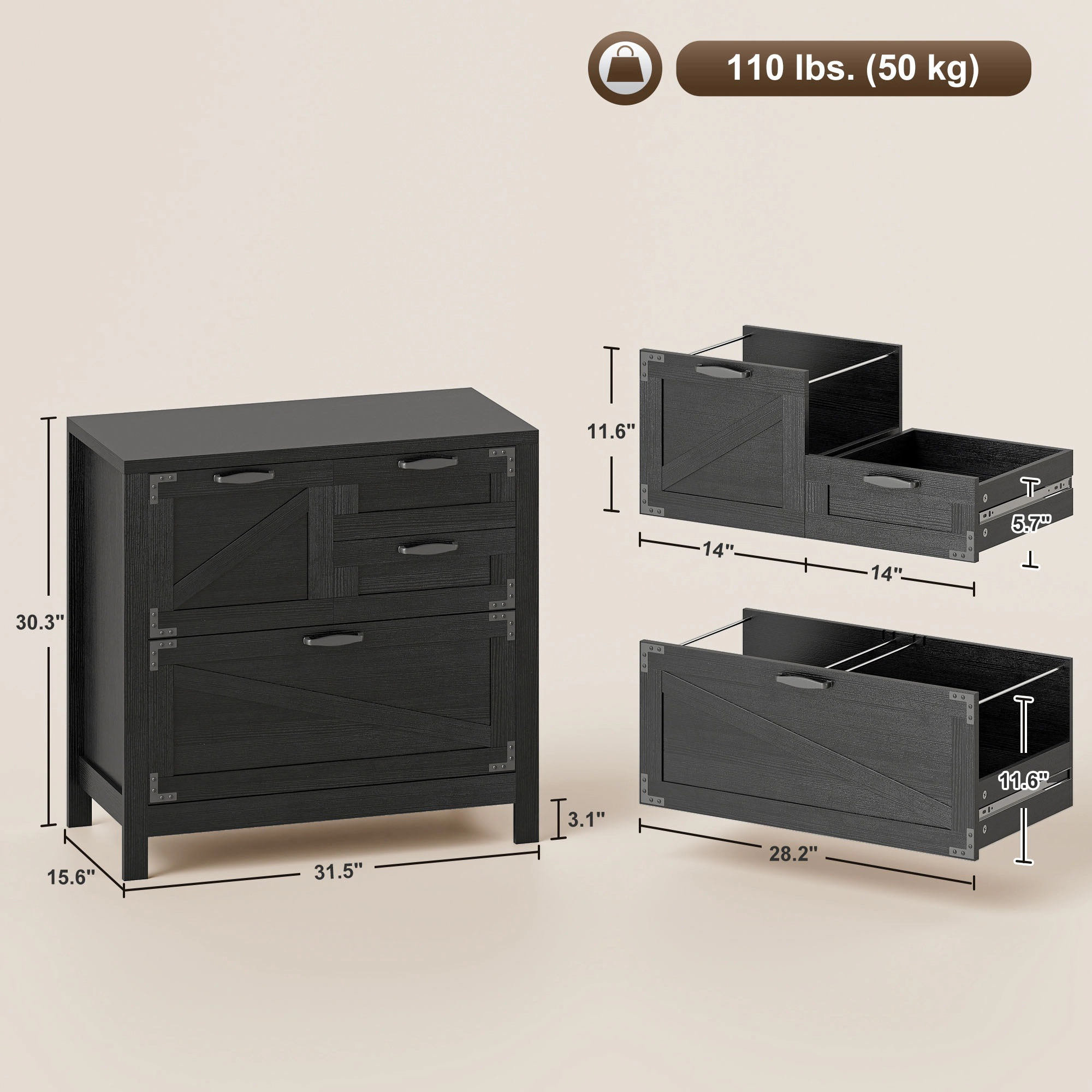HONGGE Lateral Filing Cabinet, Farmhouse File Cabinet with 4 Drawers, Fit Letter/A4/Legal Hanging Files