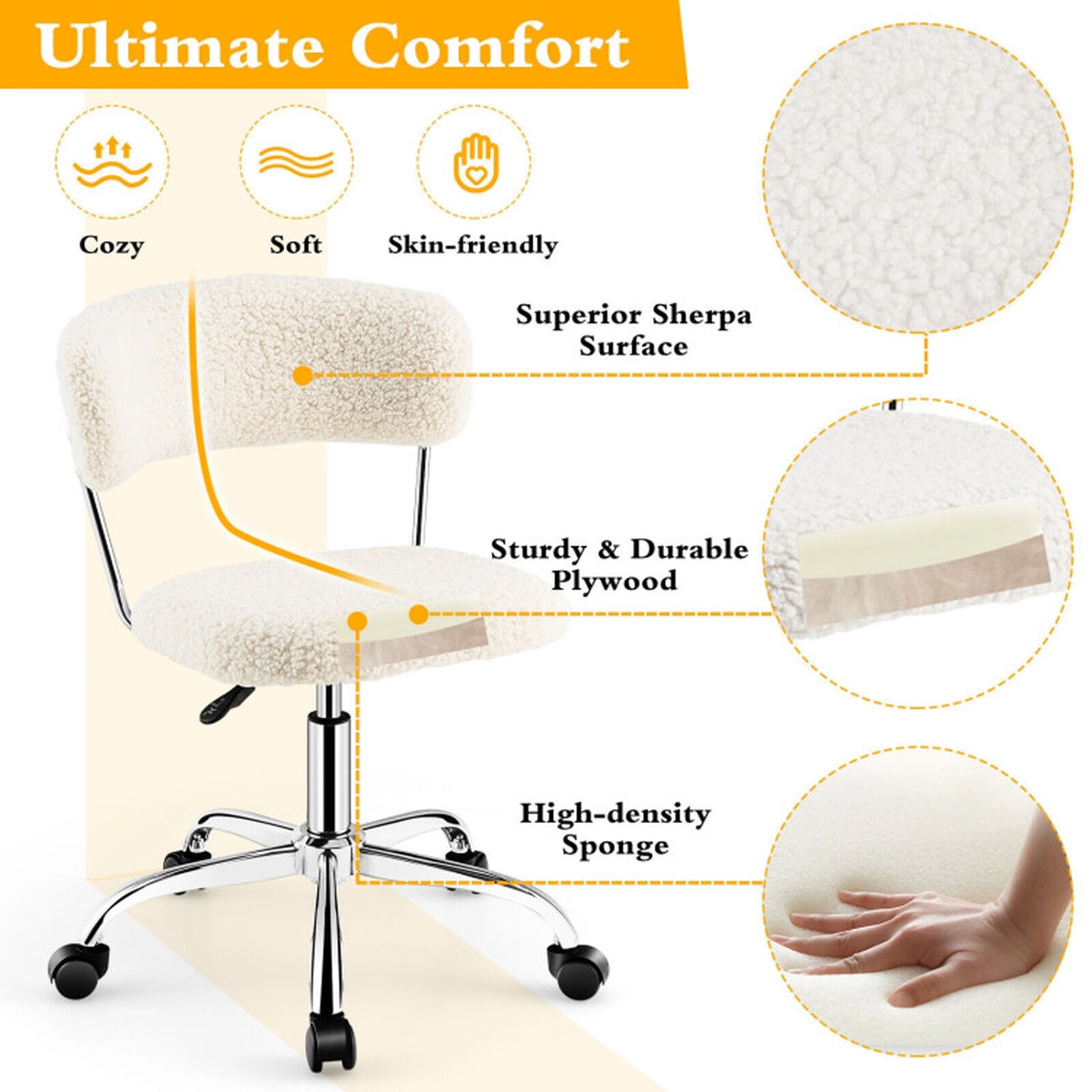 SUGIFT Sherpa Upholstered Armless Swivel Vanity Desk Chair 24-in x 24-in x 28.5-in 330-lb Capacity 5 Casters White