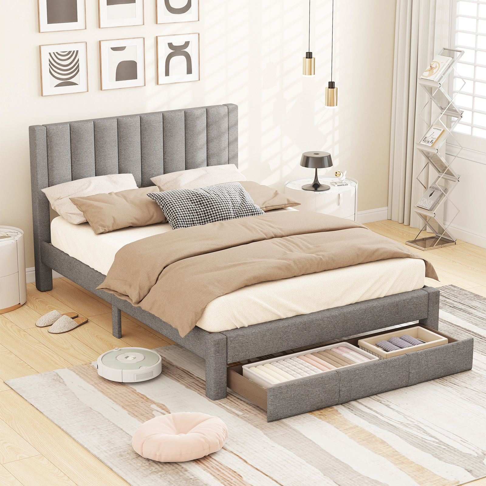 SUGIFT Upholstered Queen Bed Frame with Storage Drawer and Vertical Channel Headboard 800-lb Capacity Beige
