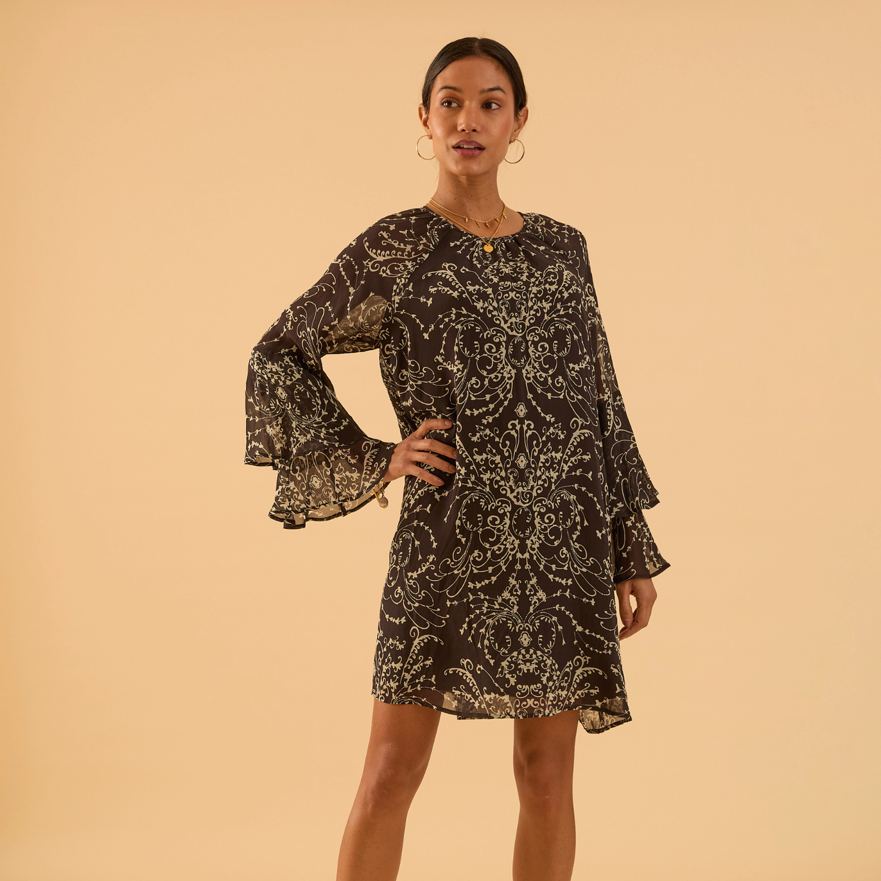 Rose & Nancy Women's Freya Black Print Flute Sleeve Mini