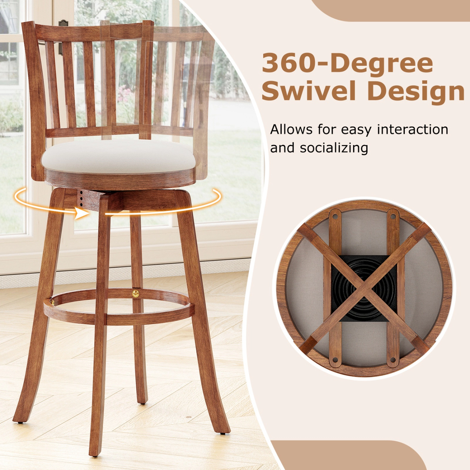 SUGIFT 360° Swivel Bar Stools Set of 4 Backrest & Upholstered Seat 350-lb Capacity 30.5-in Seat Height Driftwood +Sand