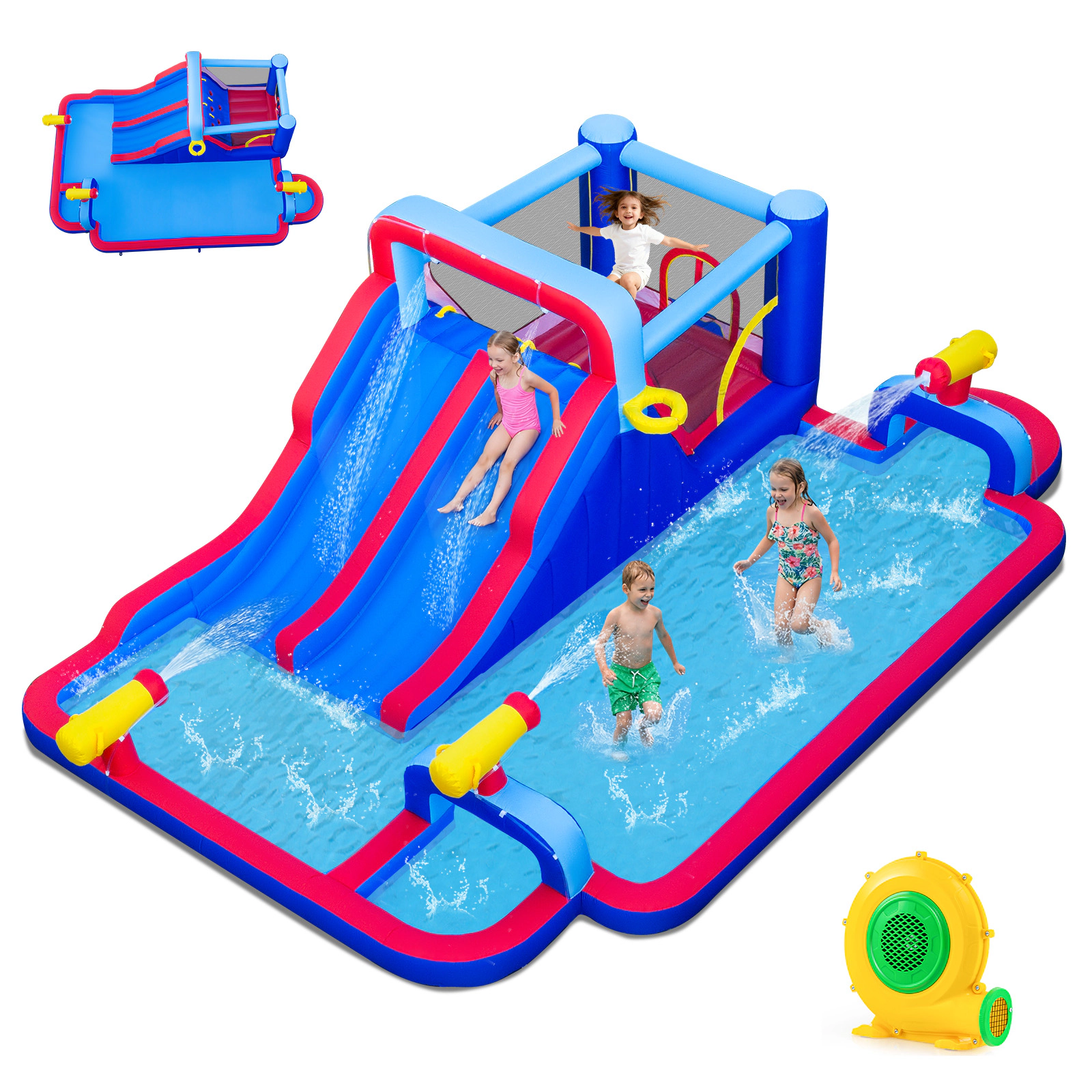 LJG Kids Inflatable Water Slide Park Giant Bounce House with Double Slides with 750W Blower