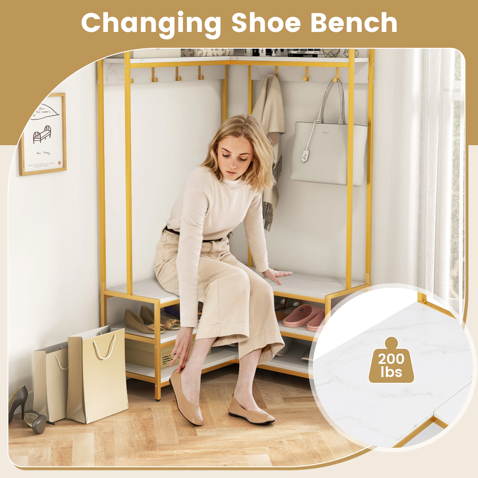 SUGIFT L-Shaped Open Shelves 7 Hooks Corner Garment Rack Shoe Bench 35.5-in x 35.5-in x 70-in 200-lb Capacity White